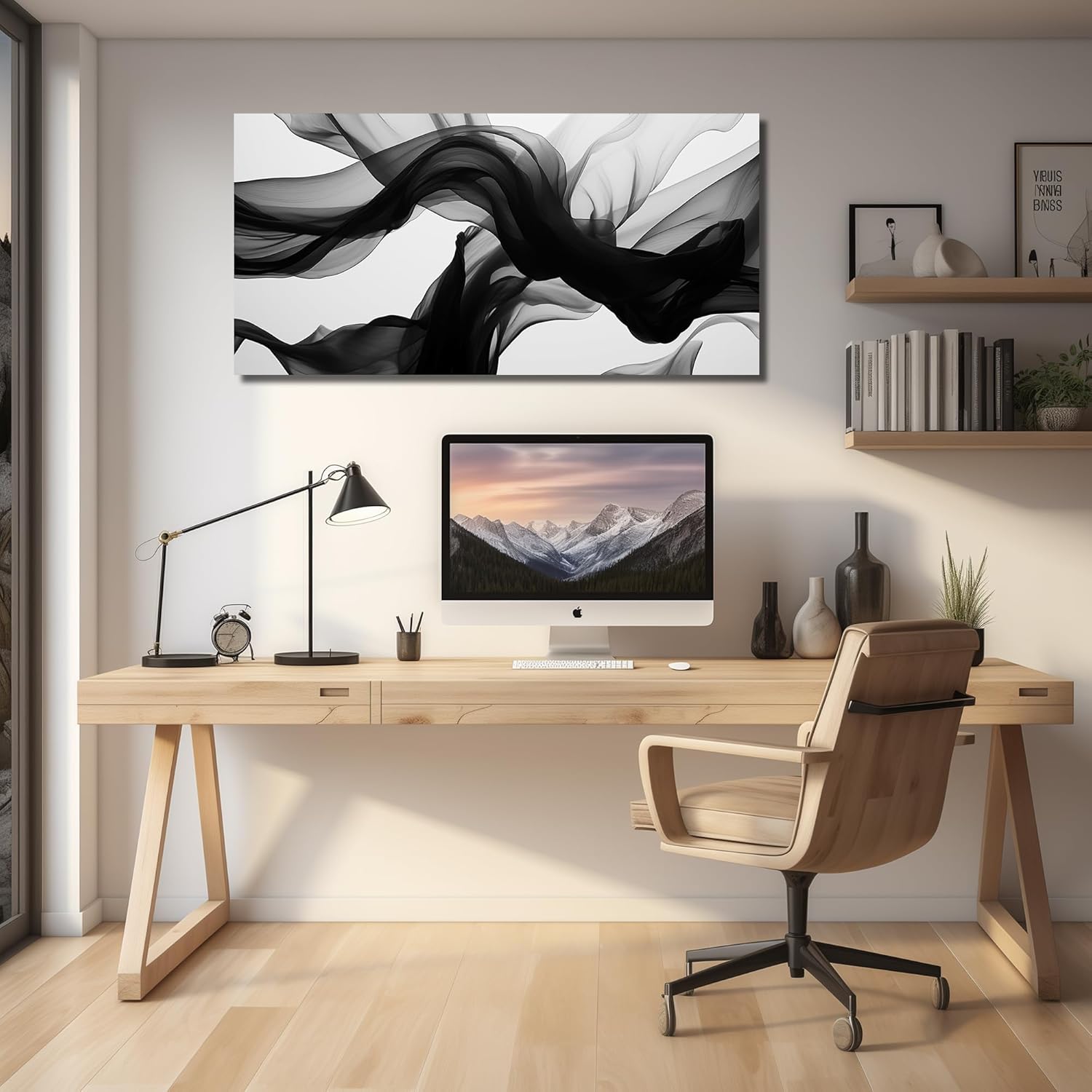 DNIEOTU Abstract Wall Art for Living Room, Black White and Gray Canvas Wall-Decor for Bedroom, Modern Minimalist Picture Prints for Hallway Office, Size 40 x 20 Inches