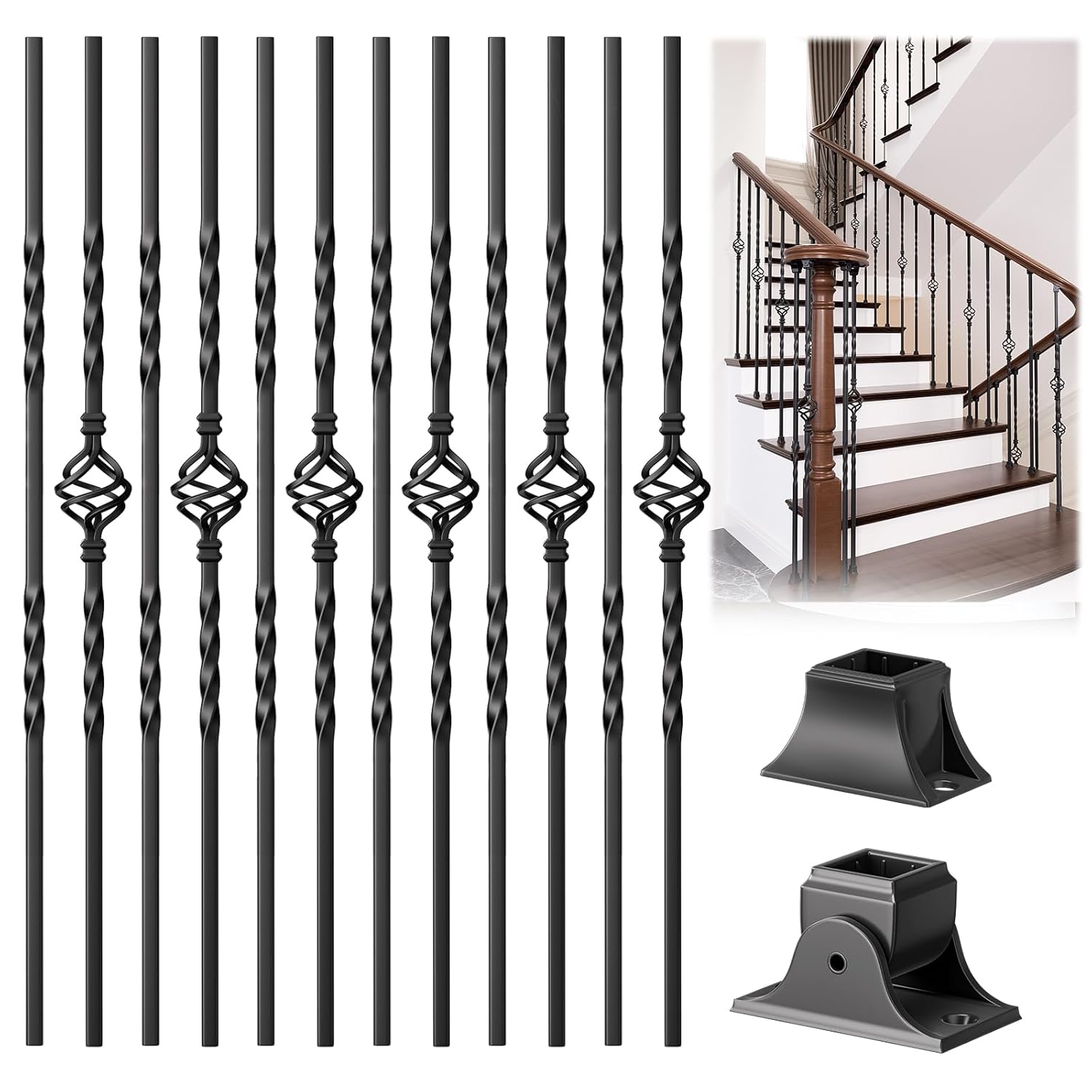 Staircase Balusters, 12-Pack Hollow Stair Spindles 40" Single Basket with Double Twist 1/2" Iron Balusters for Staircase Interior with 24 Swivel Baluster Shoes