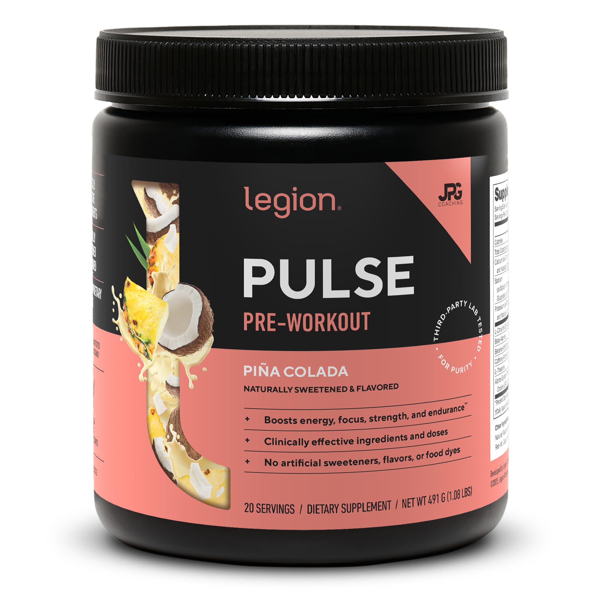 LEGION Pulse Pre Workout - All Natural Nitric Oxide Preworkout Drink to Boost Energy, Creatine Free, Naturally Sweetened, Beta Alanine, Citrulline, Alpha GPC (Pina Colada)