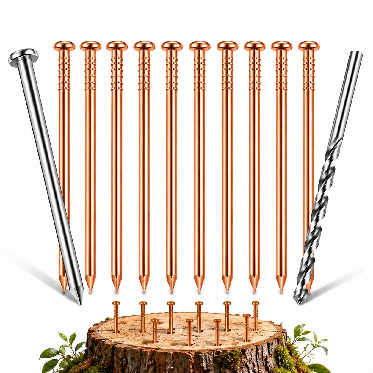 BZURTER Tree Stump Killer Kit with 10 x 4 Inch Copper Nails (4mm Thick), Steel Pilot Nail & Drill Bit – Heavy Duty Root Decay Tool for Tree Stumps, Hedges & Shrubs – Garden Friendly DIY Alternative
