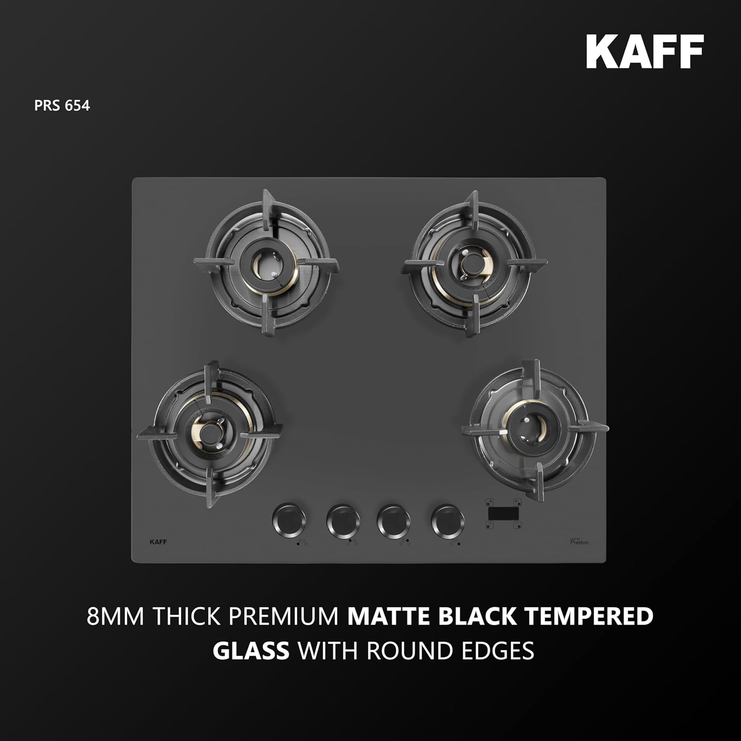 Top view of the KAFF PRESTON PRS 654 hob showcasing its 8mm thick matte black tempered glass surface.
