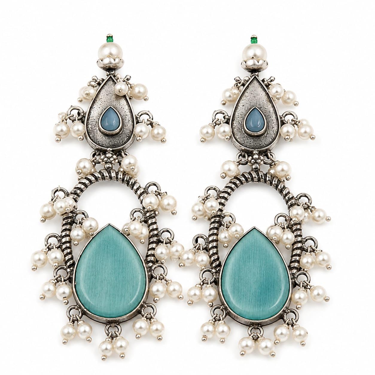 Ocean Pearl Jhumkis Dangler Earrings with Teal Stone and Pearl Drops, Traditional Style-image-16