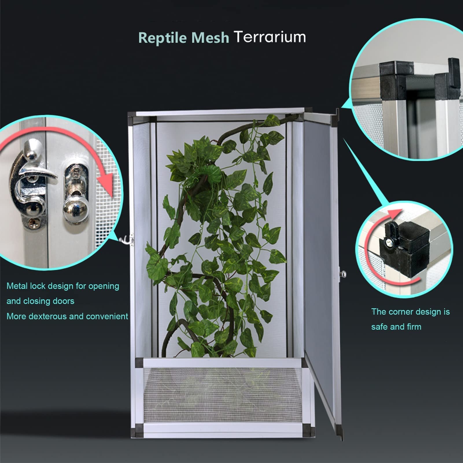 Jaula de Pantalla para hábitat de Reptiles, terrario de Aluminio para alimentación de Insectos, Serpientes, arañas, Camaleones, Anfibios, Cajas Plateadas (Plata 420 x 420 x 660 mm)