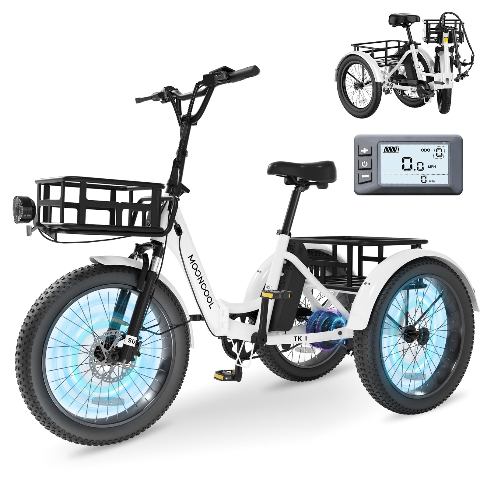 MOONCOOL Electric Tricycle for Adults, 500W/750W 48V Folding Electric Trike Peak Power 1100W, 20"x3.0" Fat Tire 3 Wheel Ebike, Aluminum Adult Tricycle with Removable Battery, Rear Differential