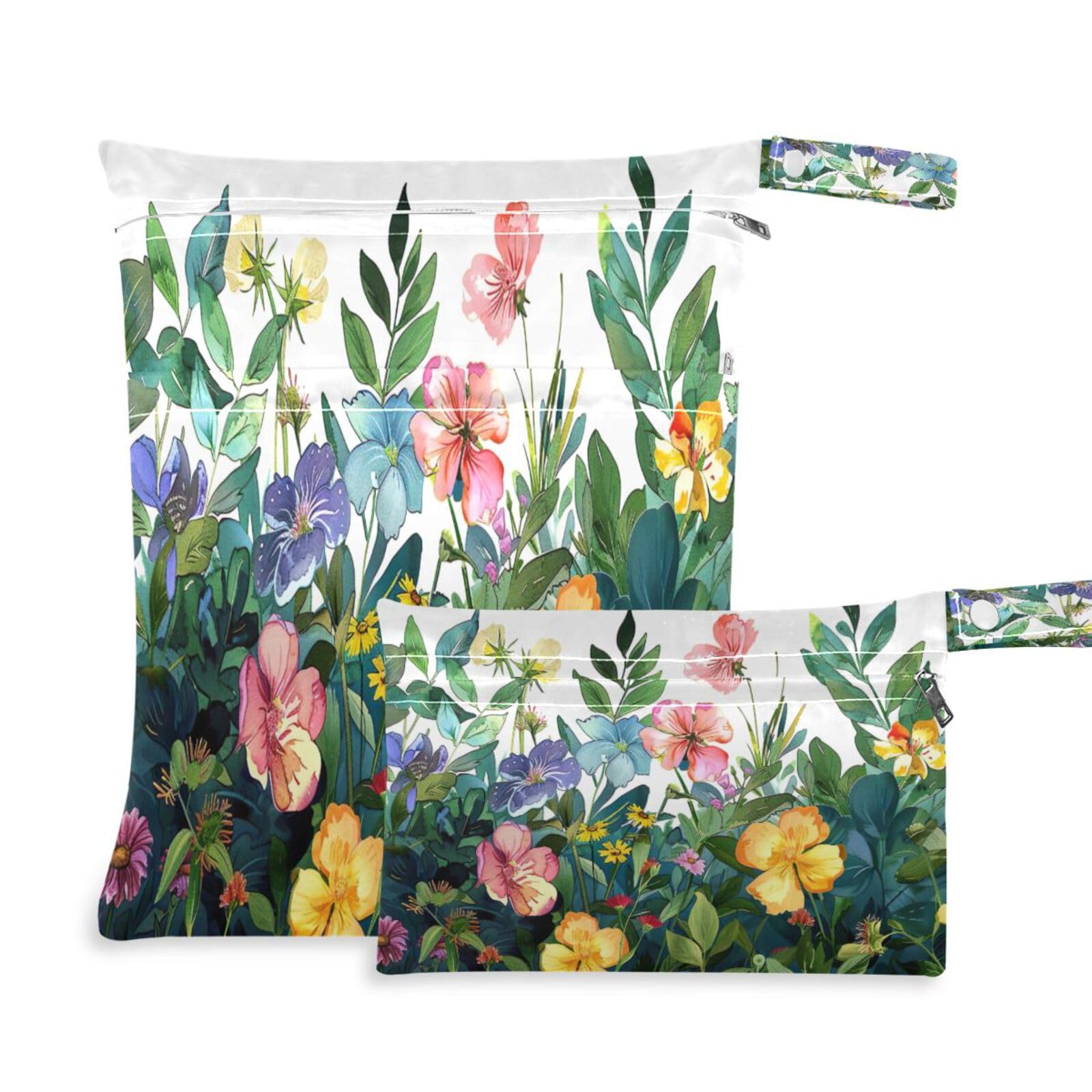 ATTX Colorful Herbs and Flowers Wet Dry Bags 2-Pack - Reusable Cloth Diaper Storage for Travel, Beach & Gym | Multi-Use Waterproof Bags for Swimsuits, Baby Clothes, Sports Gear#96