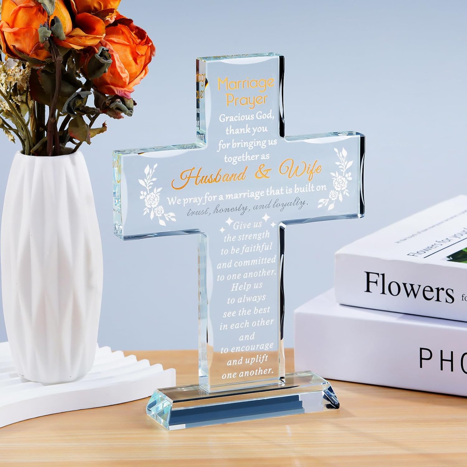 YWHL Glass Marriage Prayer Cross Wedding Gifts for Couples, Religious Cross Engagement Gifts for Bride and Groom, Bridal Shower Gift for Women Men