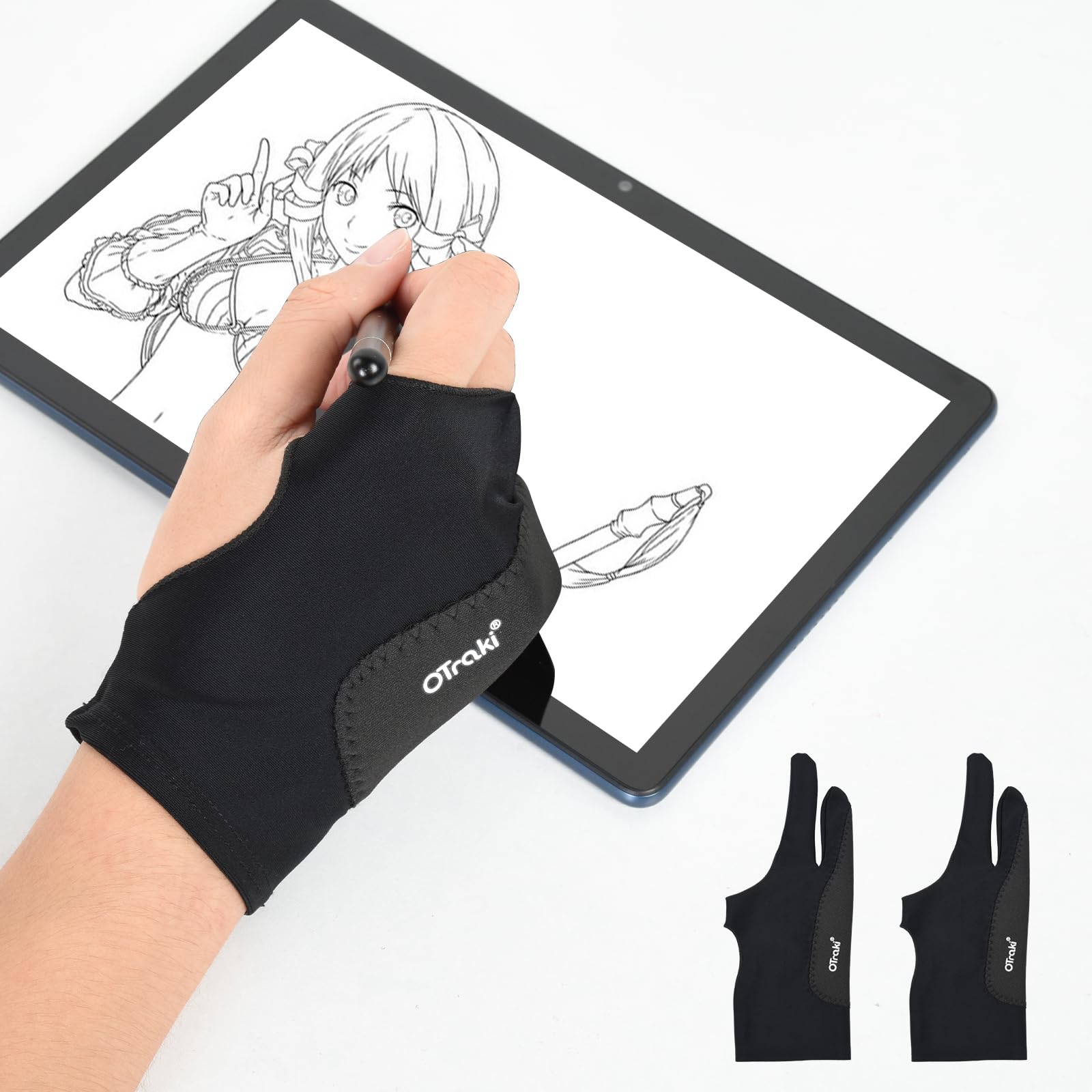 [OTraki] 2本指グローブ 2枚入 二重厚手 タブレットお絵描き用 液晶 手袋 誤タッチ誤作動防止 手汗・汚れを防止 ライクラ繊維 高通気性 柔軟弾力 左右兼用 左利き右利き対応 液タブ イラスト製図 初心者利用OK 黒 M サイズ 8×20.5cm