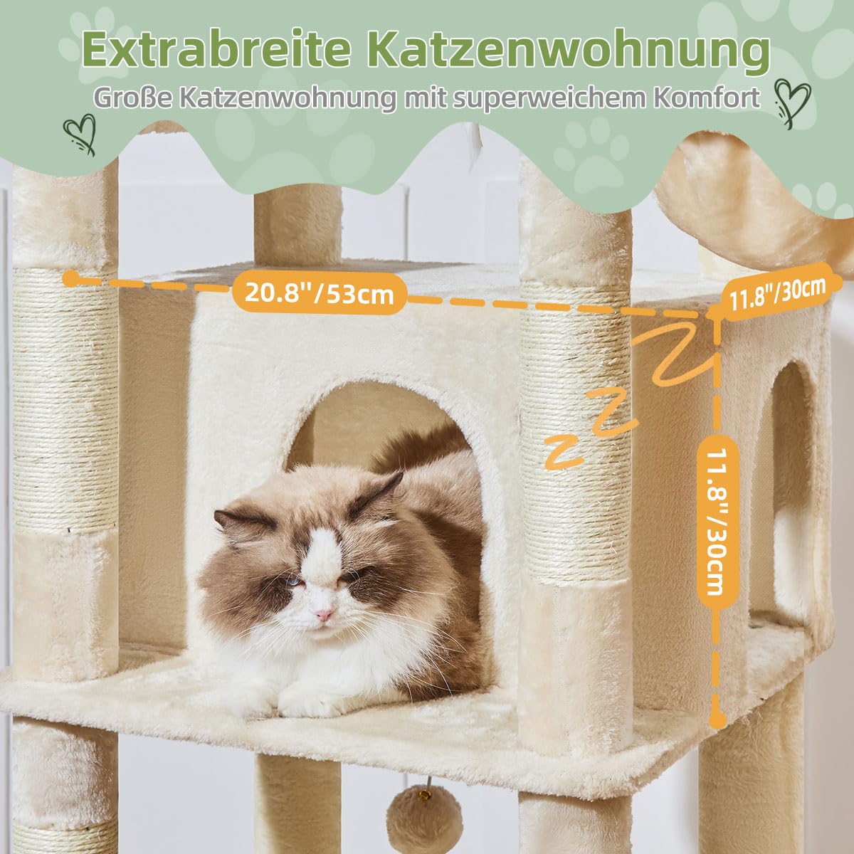 Taoqimiao 180CM Kratzbaum Groß XXL, Katzenbaum Grosse Katzen Stabil kratzbaum Maine Coon mit Katzenhaus, Hängematte, Große Plattform 9 Kratzsäulen, Korb, MS034M Beige