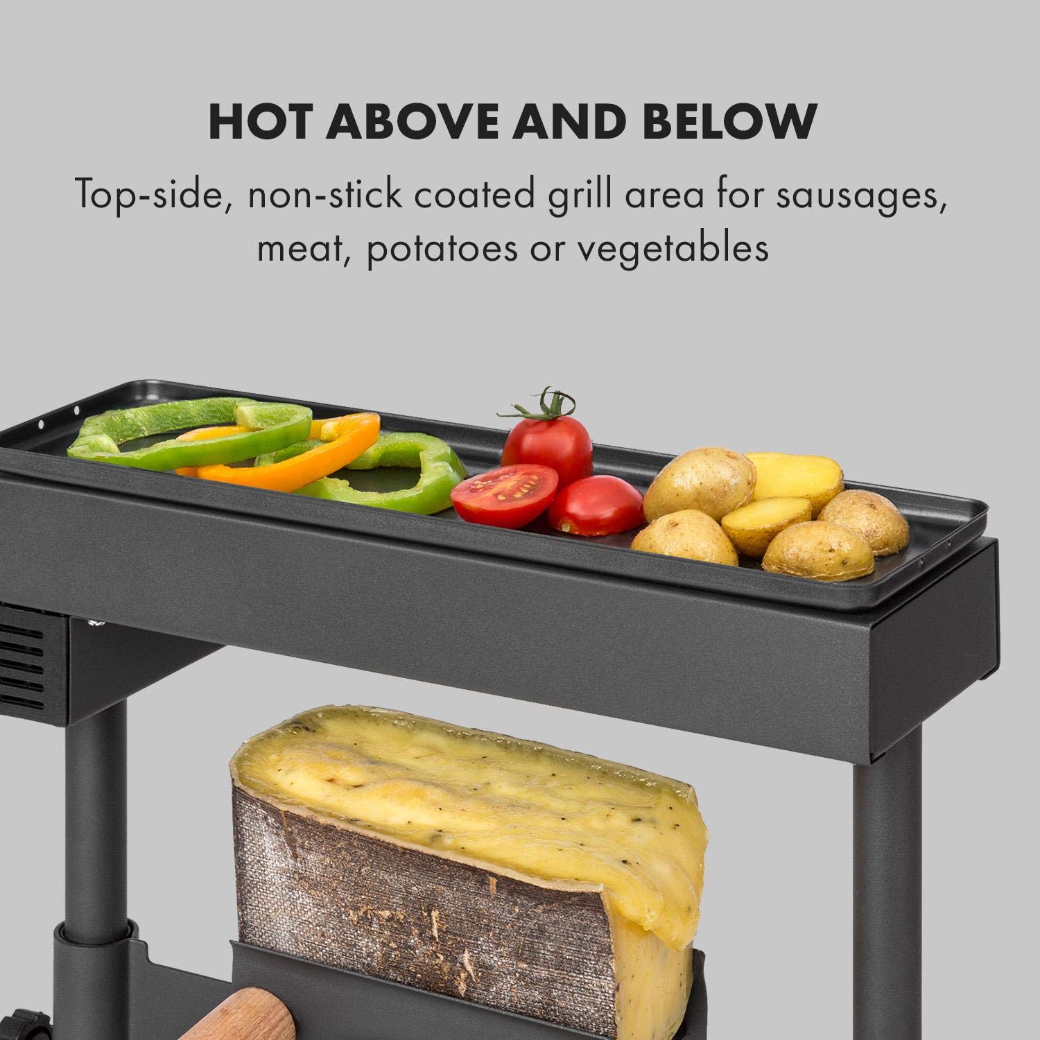Klarstein Appenzell XL – raclette z grillem, 600 W, termostat, element grzejny ze stali nierdzewnej, płyta grillowa na górze, 2 uchwyty do sera: z regulacją wysokości/obrotową/pochyleniem, czarny