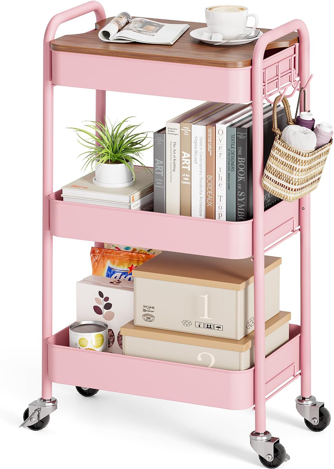 3-Tier Rolling Cart with Table Top, Metal Storage Cart on Wheels, Utility Organizer with Wooden Tray, Lockable Casters, Easy Assembly for Bathroom, Living Room, Office, Bedside, Pink