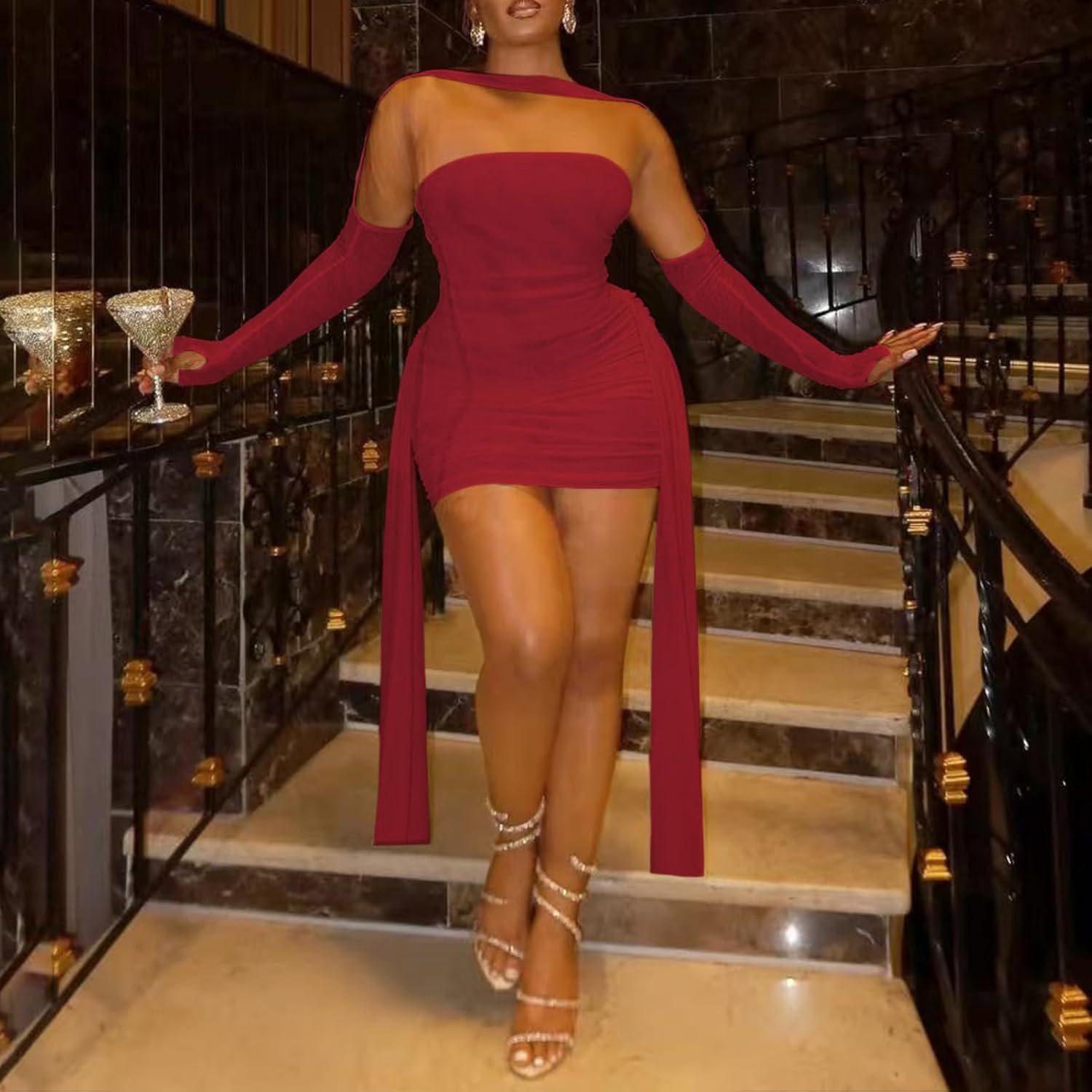 Sexy Strapless Tube Top Mesh Mini Dress for Women Bodycon Ruched Ribbons Birthday Date Night Dresses - Image 2