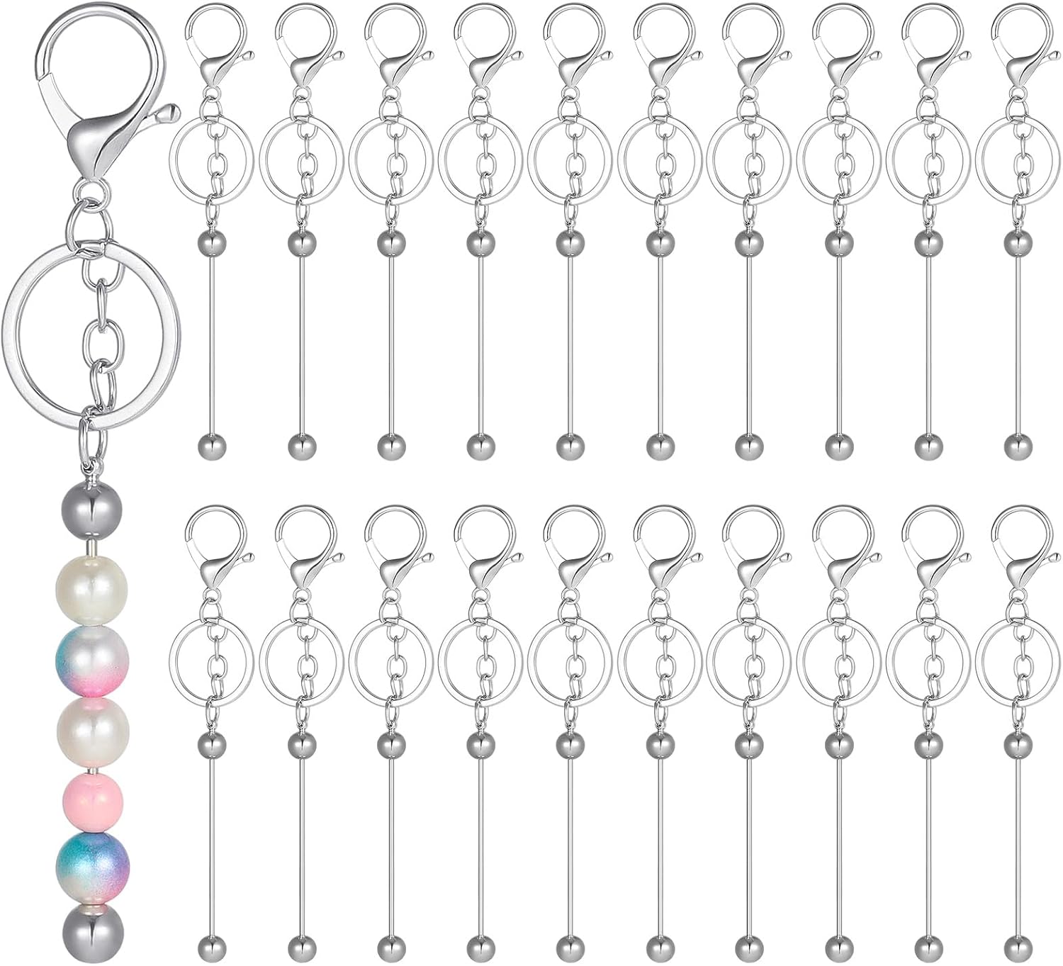 20 Pcs Beadable Keychain Bars, Blank DIY Kit for Beads, Metal Beaded Making Supplies