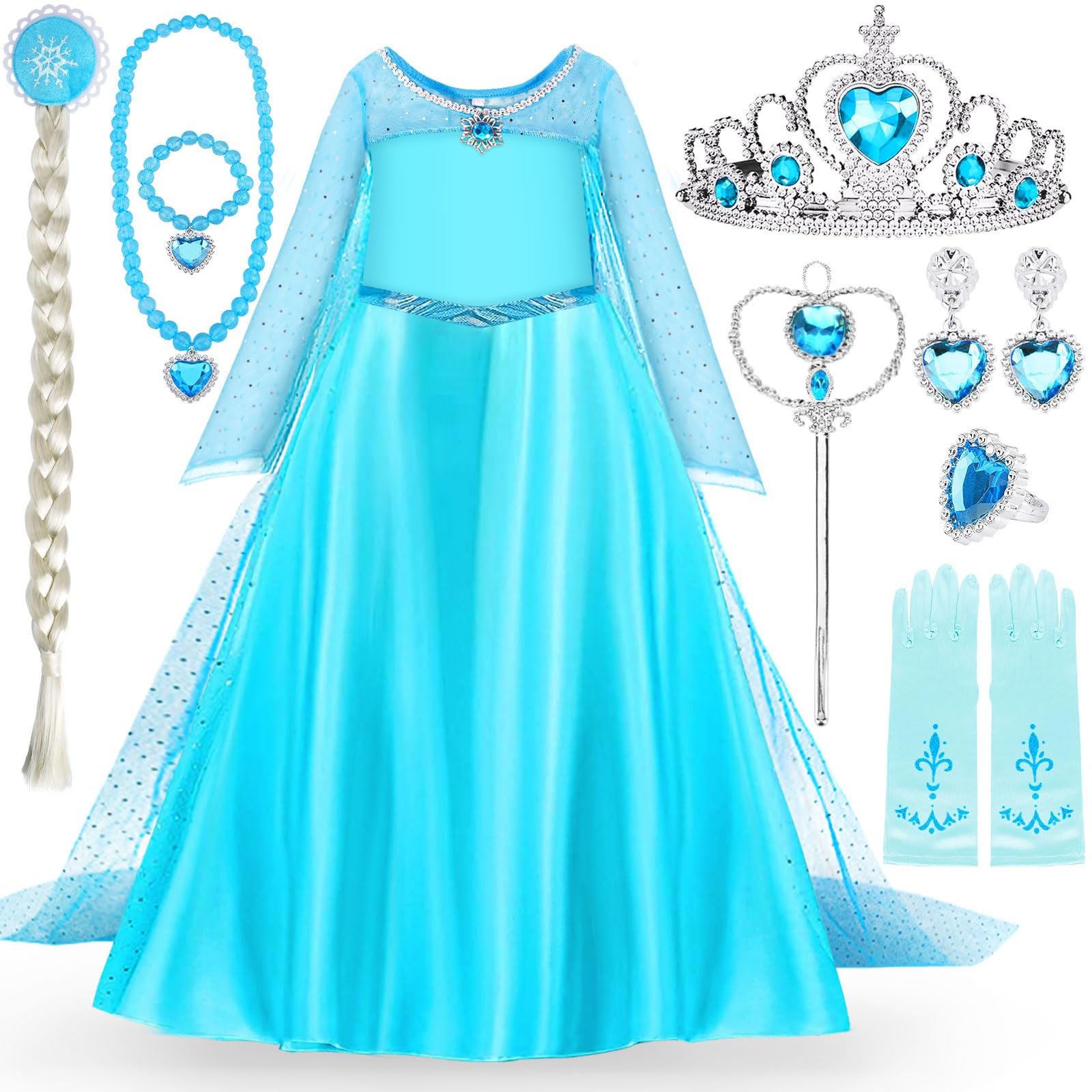 MULEVIP Disfraz Elsa Disfraz Elsa Niña,Disfraces de Elsa Princesa con Accesorios de Tiara Elsa Vestido de Princesa Elsa Niñas,Princesa Disfraz Elsa para Halloween Cosplay Cumpleaños Carnaval - 130