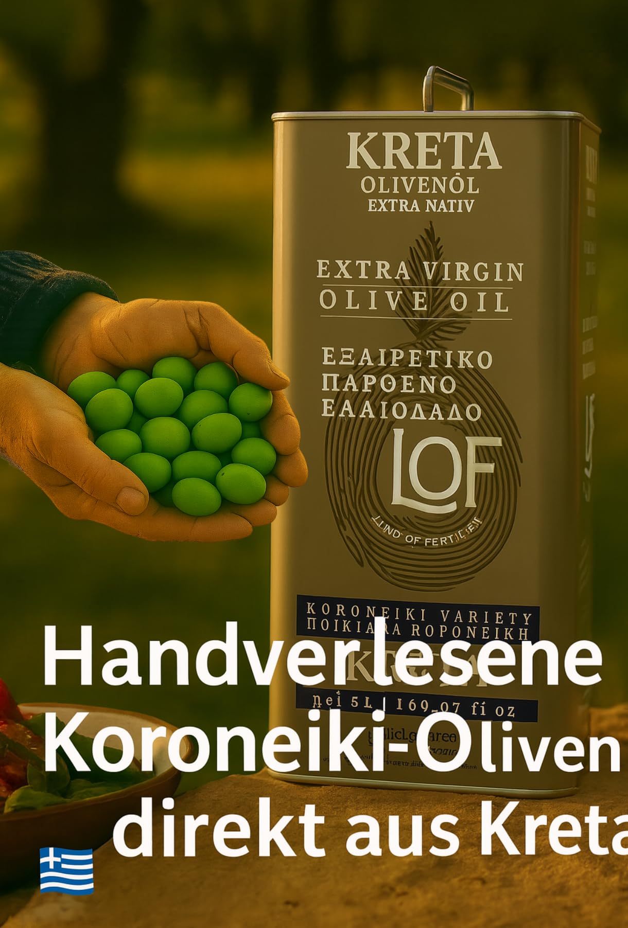 LOF oliwa z oliwek 5 l – oliwa z oliwek z pierwszego tłoczenia ekstra – 100% oliwki Koroneiki z Krety – tłoczona na zimno, naturalna – delikatesy Orea