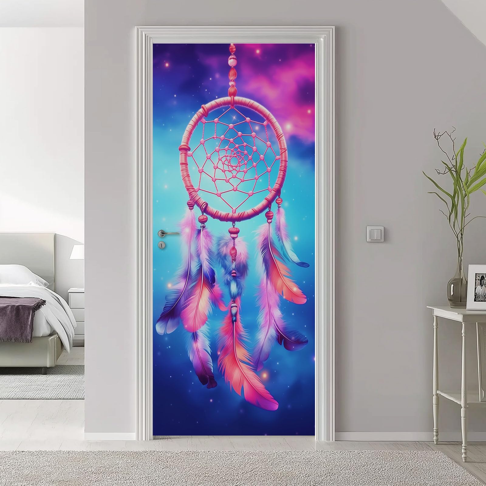 Galaxy Dreamcatcher 3D mural na drzwi, samoprzylepny, fantazyjny kosmos, wszechświat, sztuka, usuwalne murale, naklejki na drzwi, niebieskie naklejki z PCW, do sypialni, łazienki, biura, 95 x 215 cm
