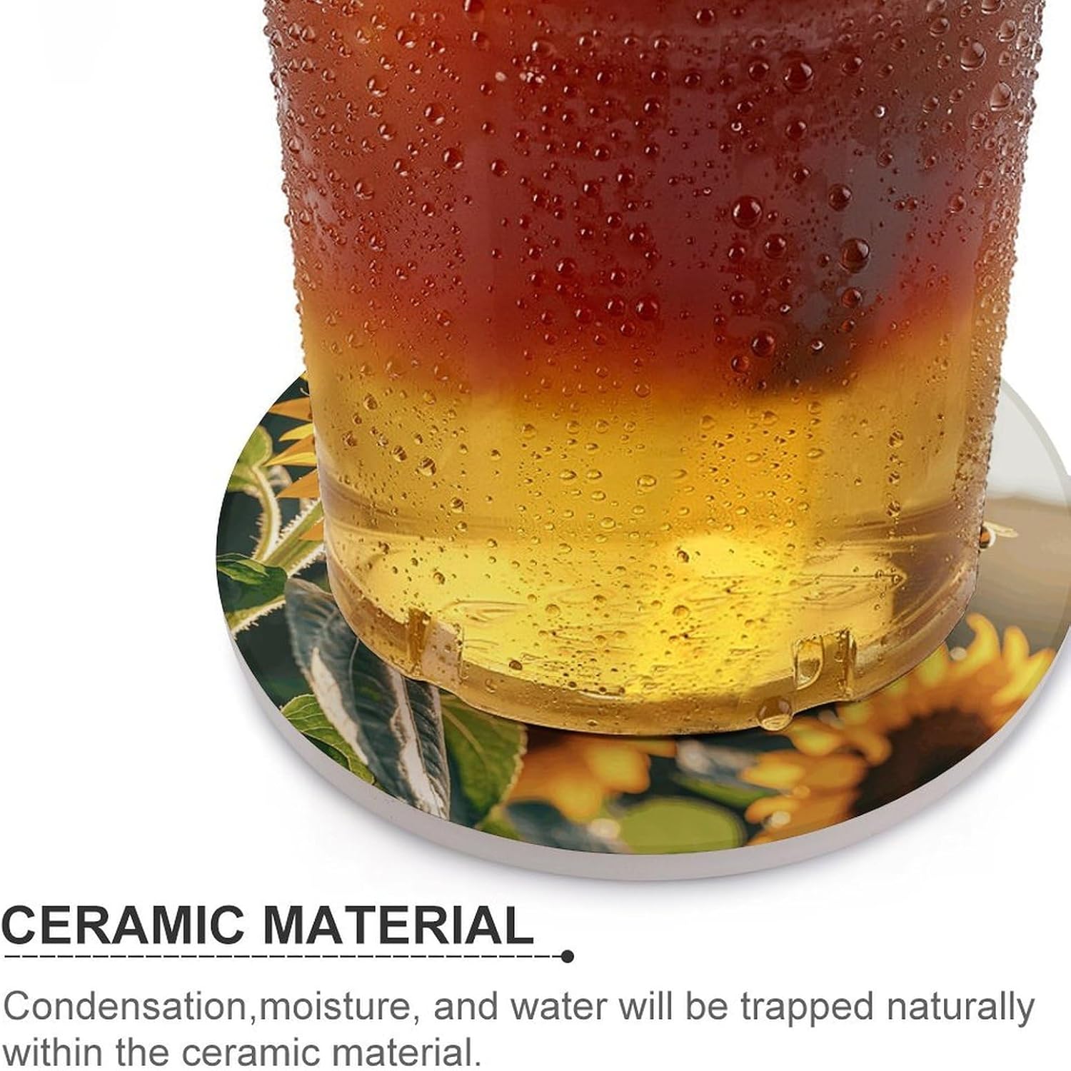 6PCS Bee & Sunflowers Coasters Non-Slip Round Drink Coasters with Ceramic Stone and Cork Base, Heat Resistant Absorbent 33.00Stone Coaster Set for Kinds of Mugs and Cups, 4 Inch