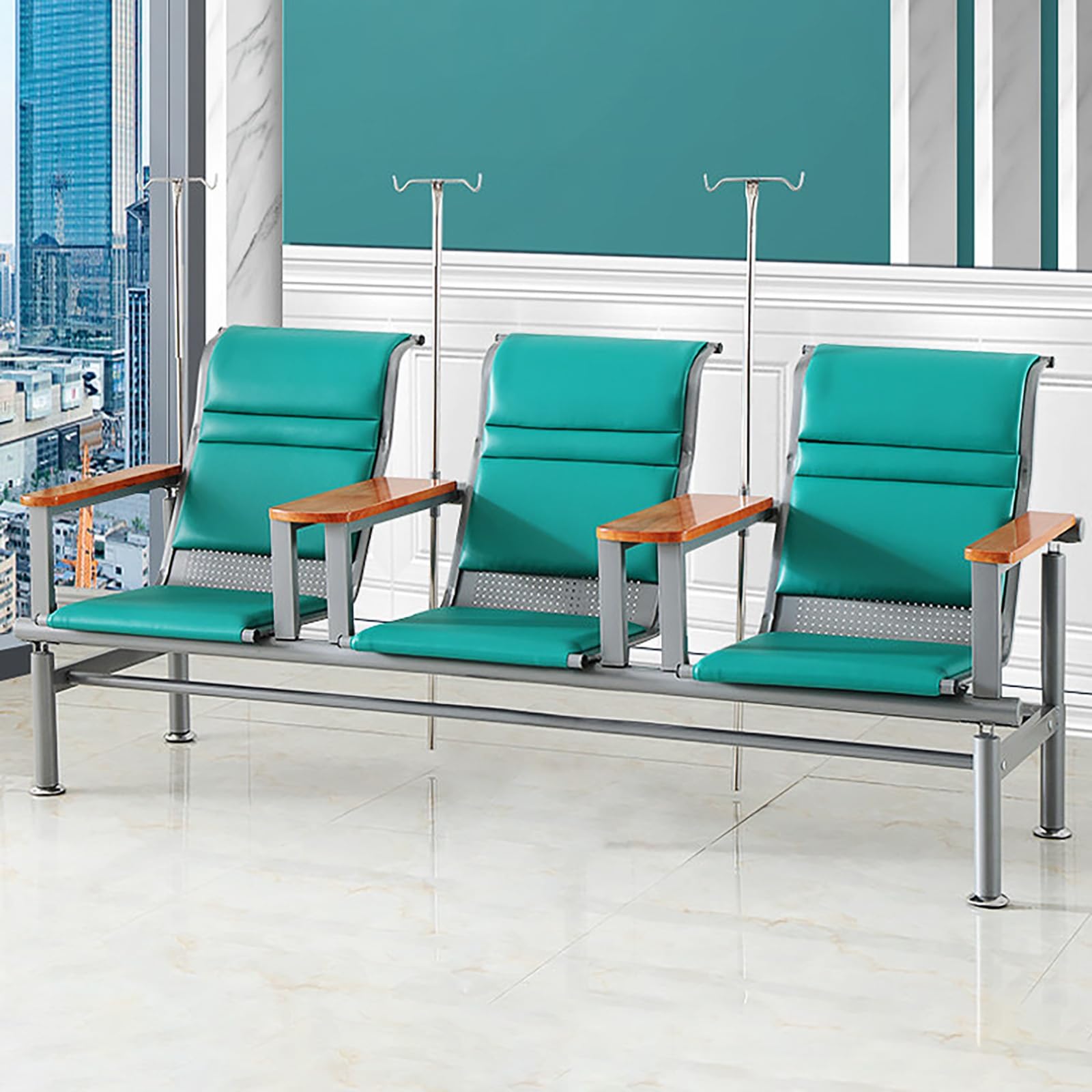 Waiting Room Chairs,Premium Phlebotomy Chair with Armrests, Comfortable Leather Infusion Chair, 2-Seat Waiting Room Bench with IV Pole, Ideal Reception Seating for Lobbi(B-green-leather Armrest)