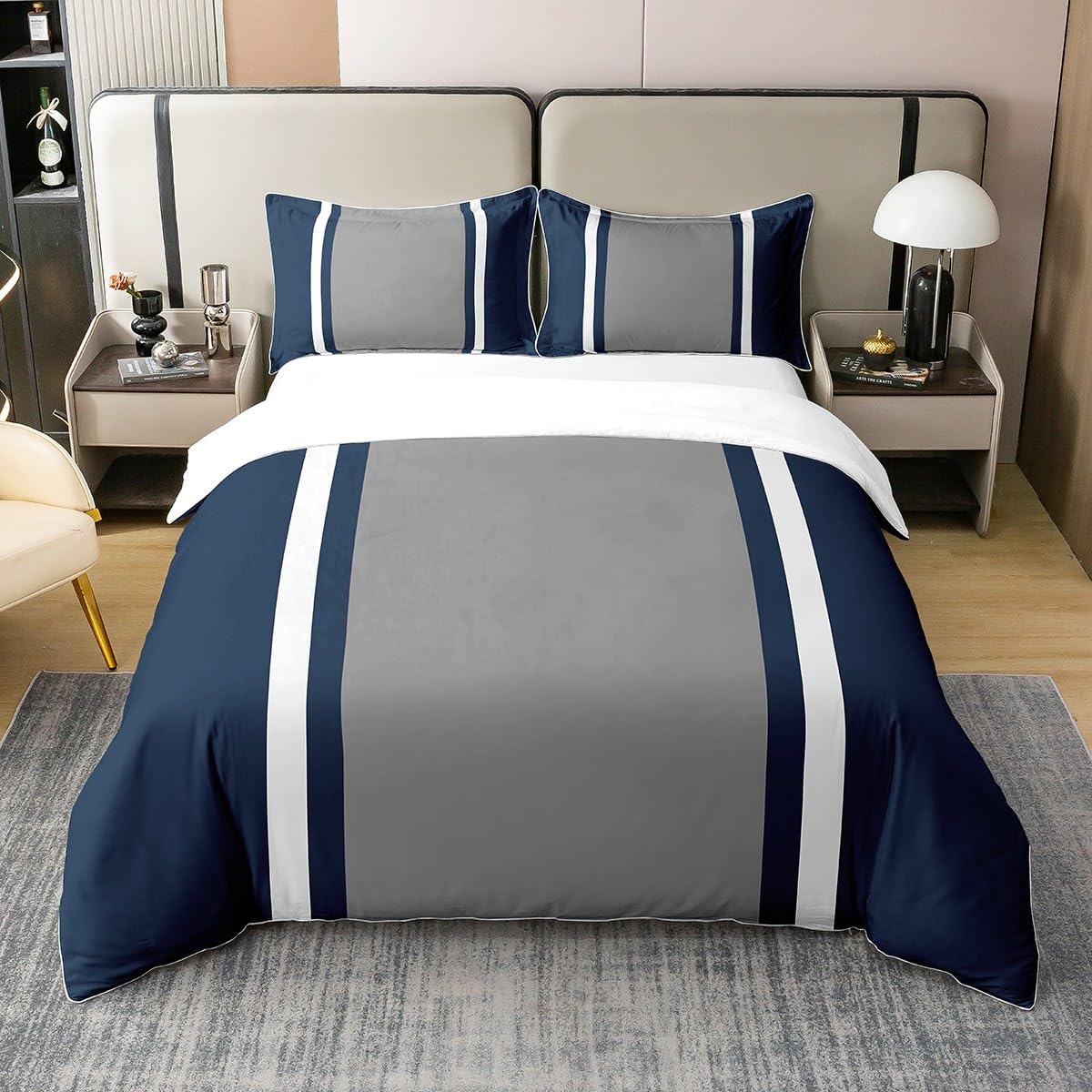Juego de ropa de cama azul marino para niños, tamaño Super King, funda de edredón geométrica 100% algodón para niños, niñas, adolescentes, decoración de dormitorio, juego de funda de edredón con