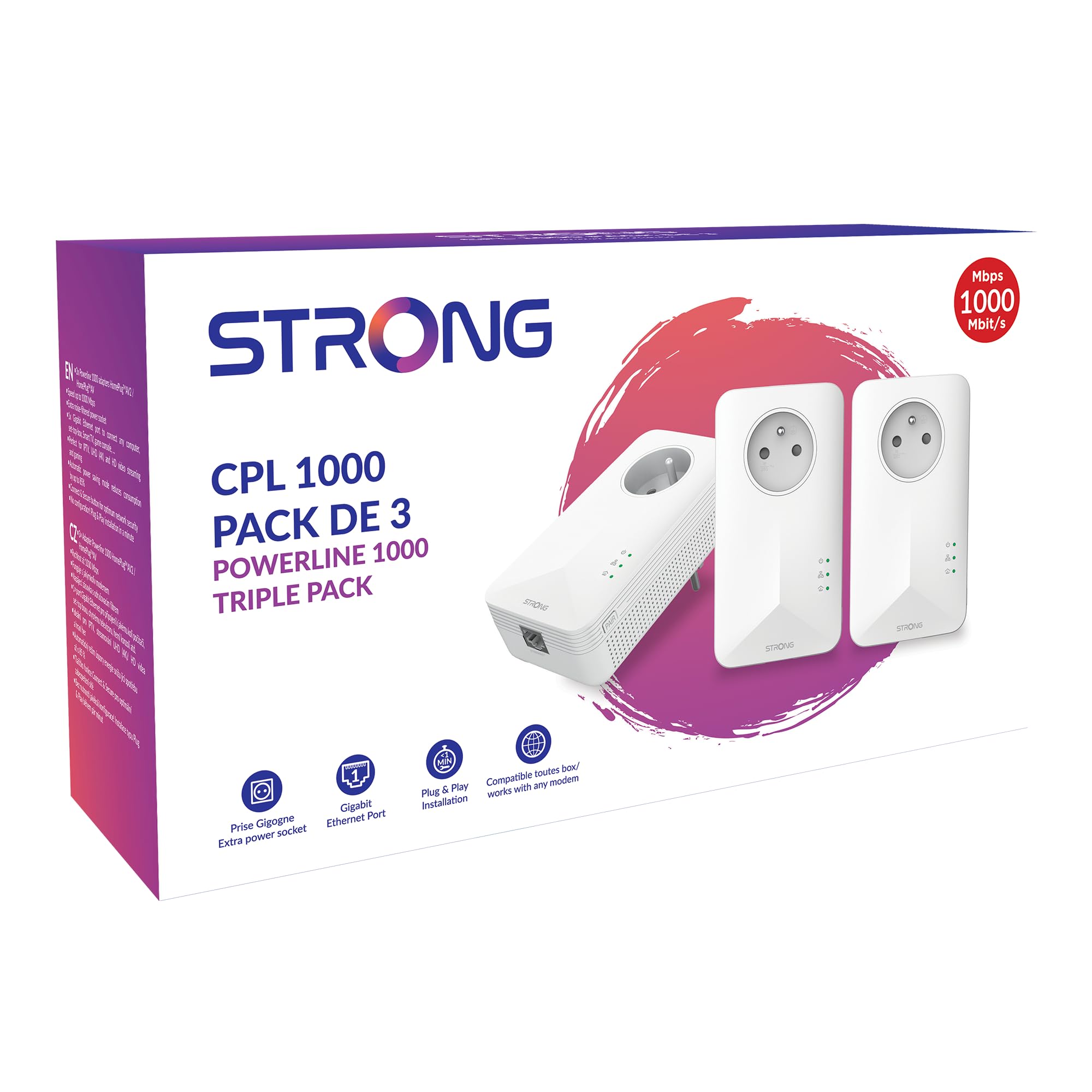 STRONG - Powerline 1000 Kit - Tre prese CPL - Kit CPL - 1000 Mbps - Compatibile con qualsiasi scatola/router - 1 porta Ethernet + presa filtro - Installazione rapida - Accesso Internet ad alta