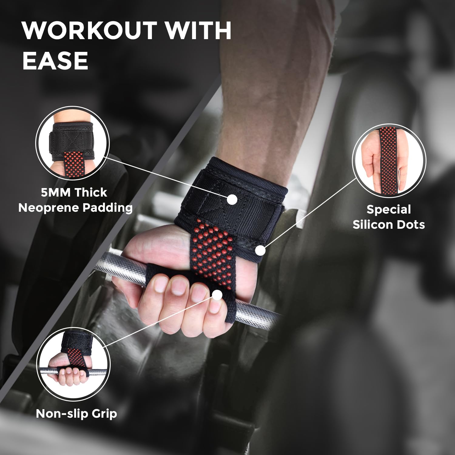 XTRIM Silicon Coated Weightlifting Strap with Wrist Support for Weight Training, Gym Workout, Bodybuilding, Strength Training (Red, Set of 2) 3