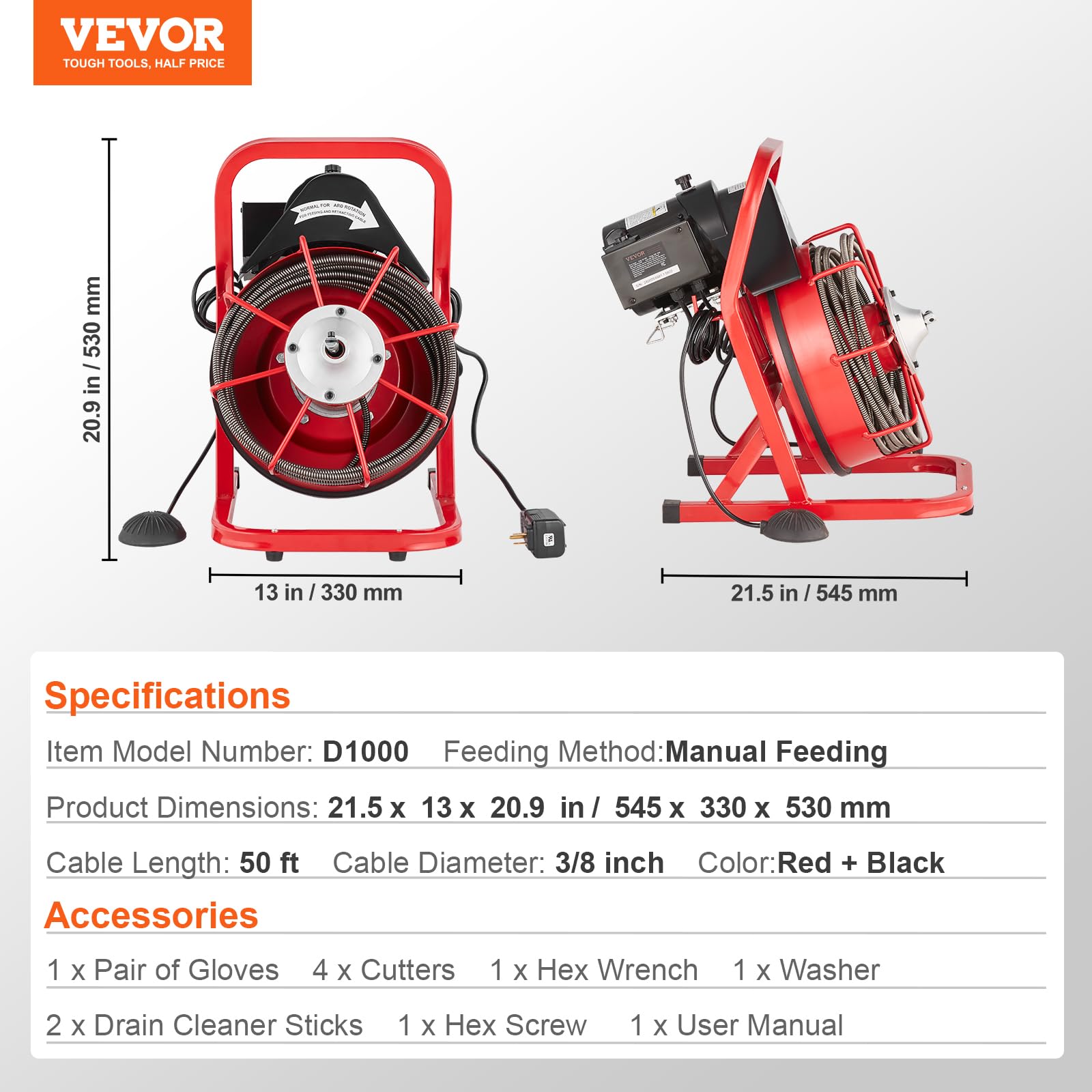 VEVOR Manual50FT 3/8IN 1700rpmAbierto Desbloqueador de Tuberías