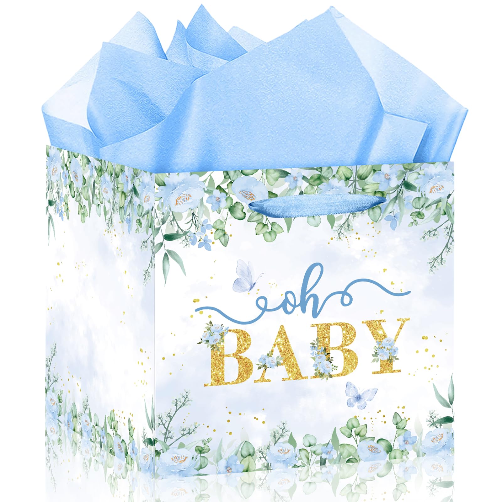 Extra Large Baby Boy Gift Bag, Baby Shower Square Gift Bags Blue Floral Wrapping Paper Bag Oh Baby Jumbo Gift Bags for Boys New Parents Gender Reveal Party Favors