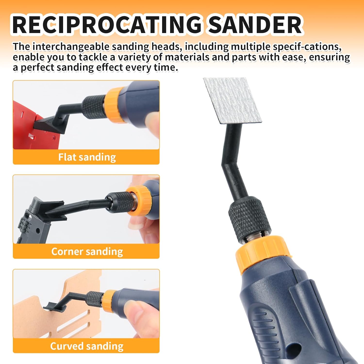 Reciprocating Sander, Variable Speed and USB Charging with LED Light, Pen Sander With 6pcs Sanding Head, Fit for Sanding, Polishing, Finishing, DIY Crafts