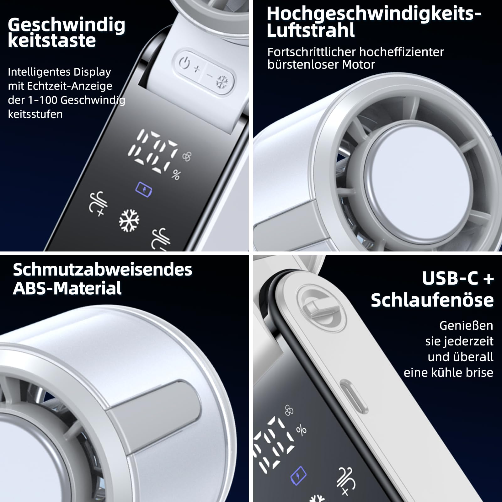 Handventilator Akku Aufladbar, Tragbarer Klein Turbo-Ventilator mit 100 Stufen Wind, 3-in-1 Mini Ventilator Leise für Hand, Hals und Tisch, Faltbarer USB Fan für Reisen, Büro und Outdoor