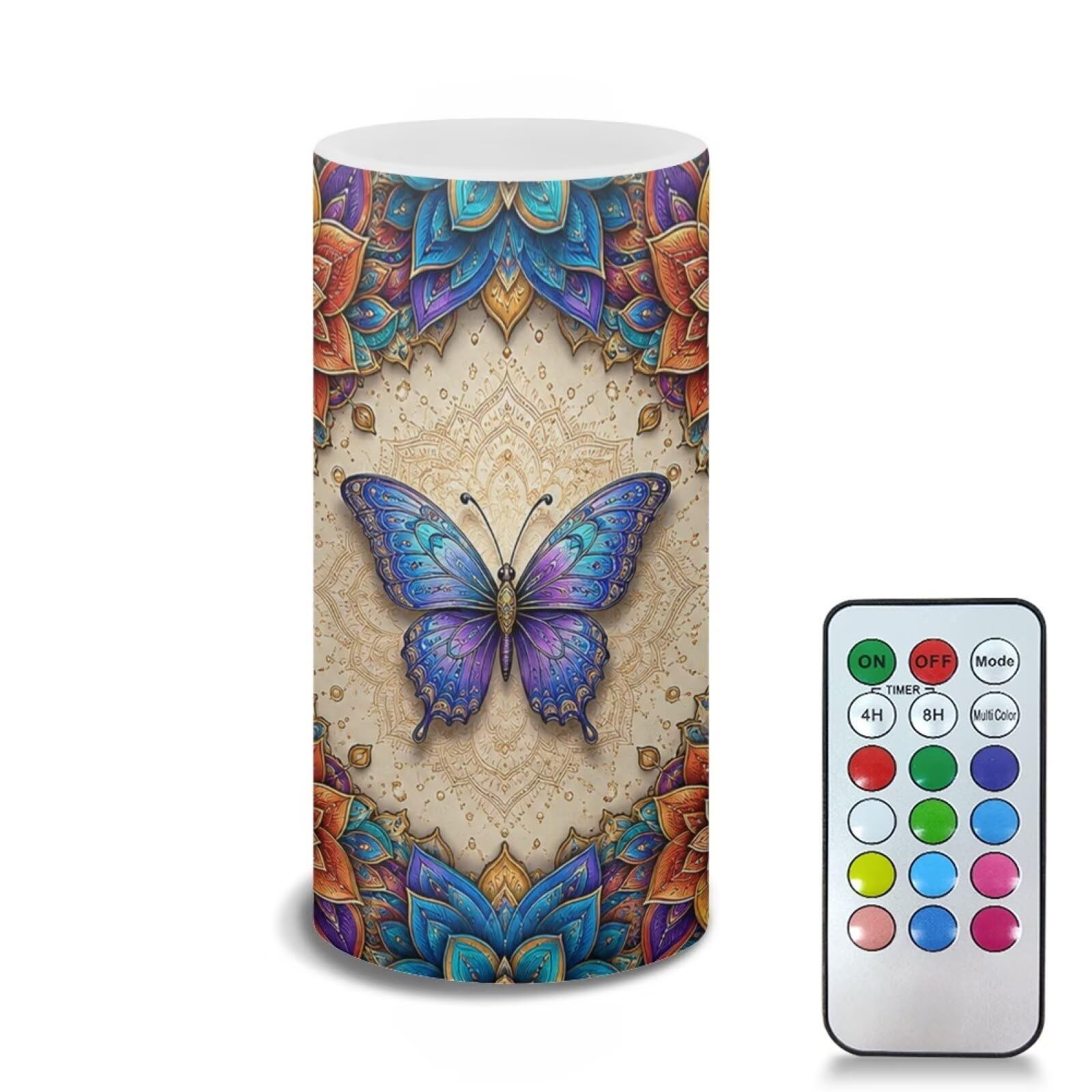 Poceacles Flameless Candle Electric LED Lights with Timer Remote Color Lights, 3 AAA Batteries Operated (Not Include) Tealight for Home Indoor Decor, Boho Dragonfly Flower Blue