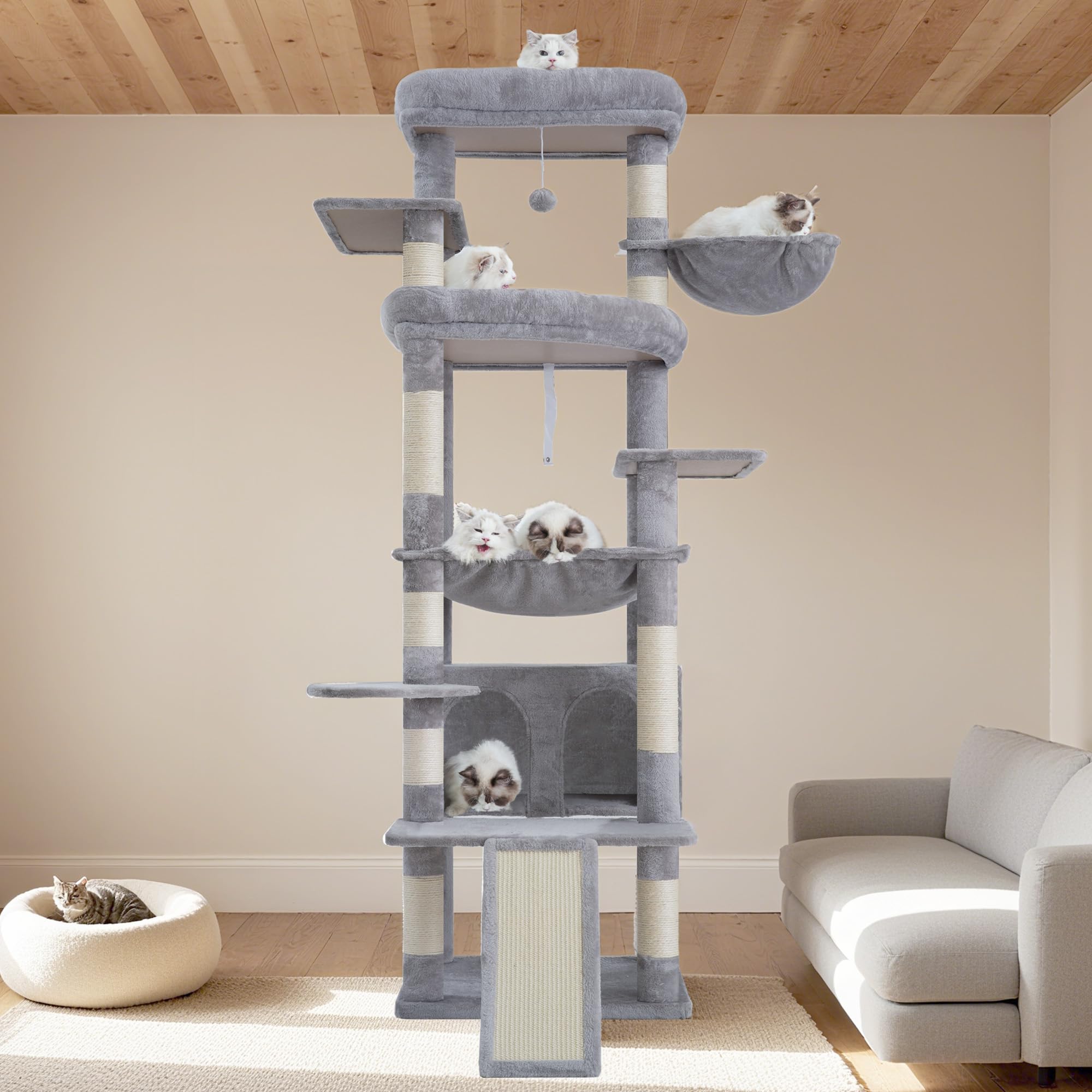 Heybly Rascador para Gatos, 191cm Arbol Rascador Grande con 2 Plataformas Descanso Extra Grandes, Superficie para Rascar, Cueva Grande Cesta Poste Sisal Adecuado Gatos Adultos, Gris Claro HCT038W
