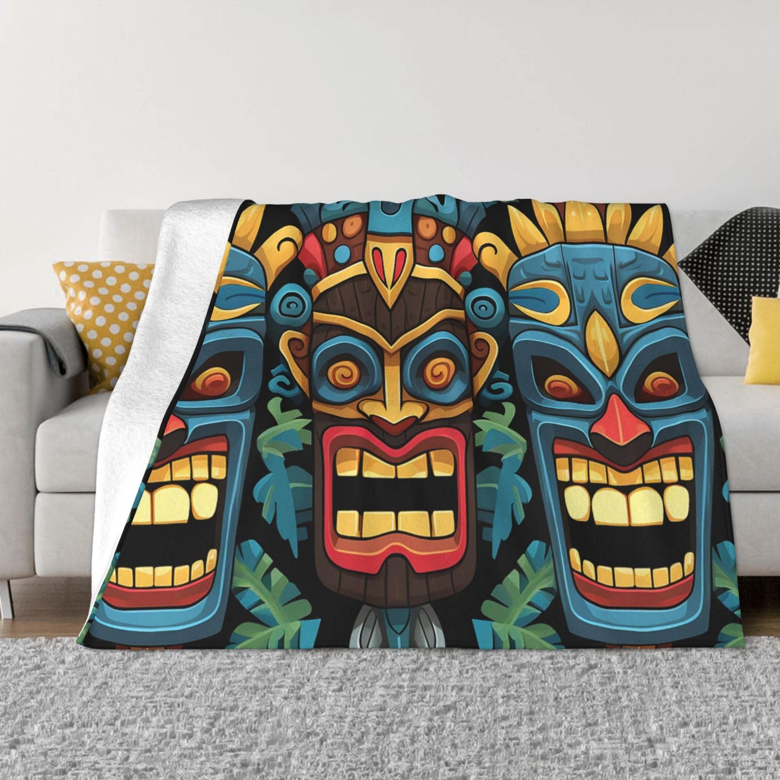 Couverture en flanelle cadeau original motif Tiki coloré