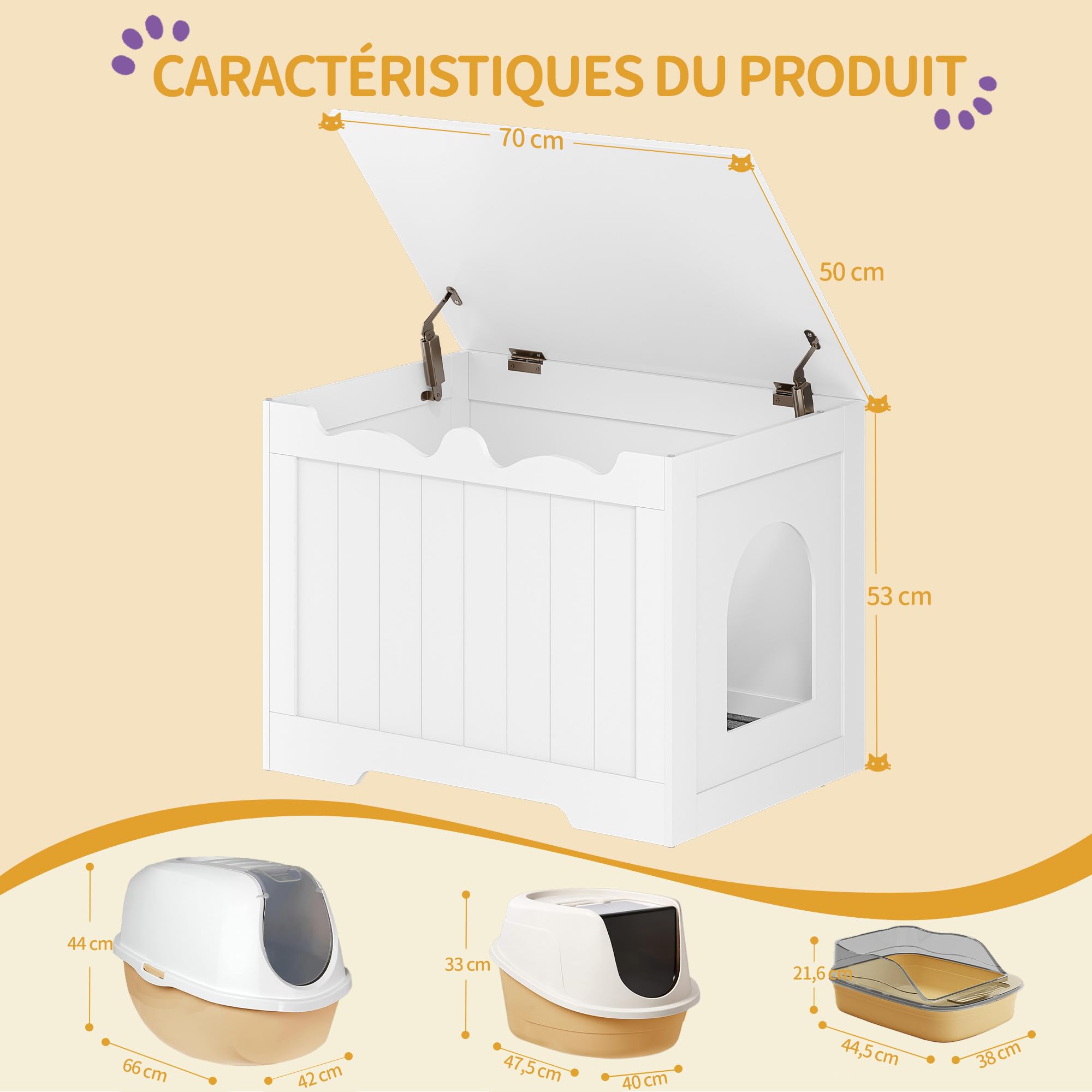 Hzuaneri Maison de Toilette Chat, Meuble Litiere Chat, Meuble D'armoire Caché à Ouverture Supérieure, Maison pour Chats D'intérieur, Boîte de Rangement, 70 x 50 x 53 cm, pour Chambres, Blanc CB84803X