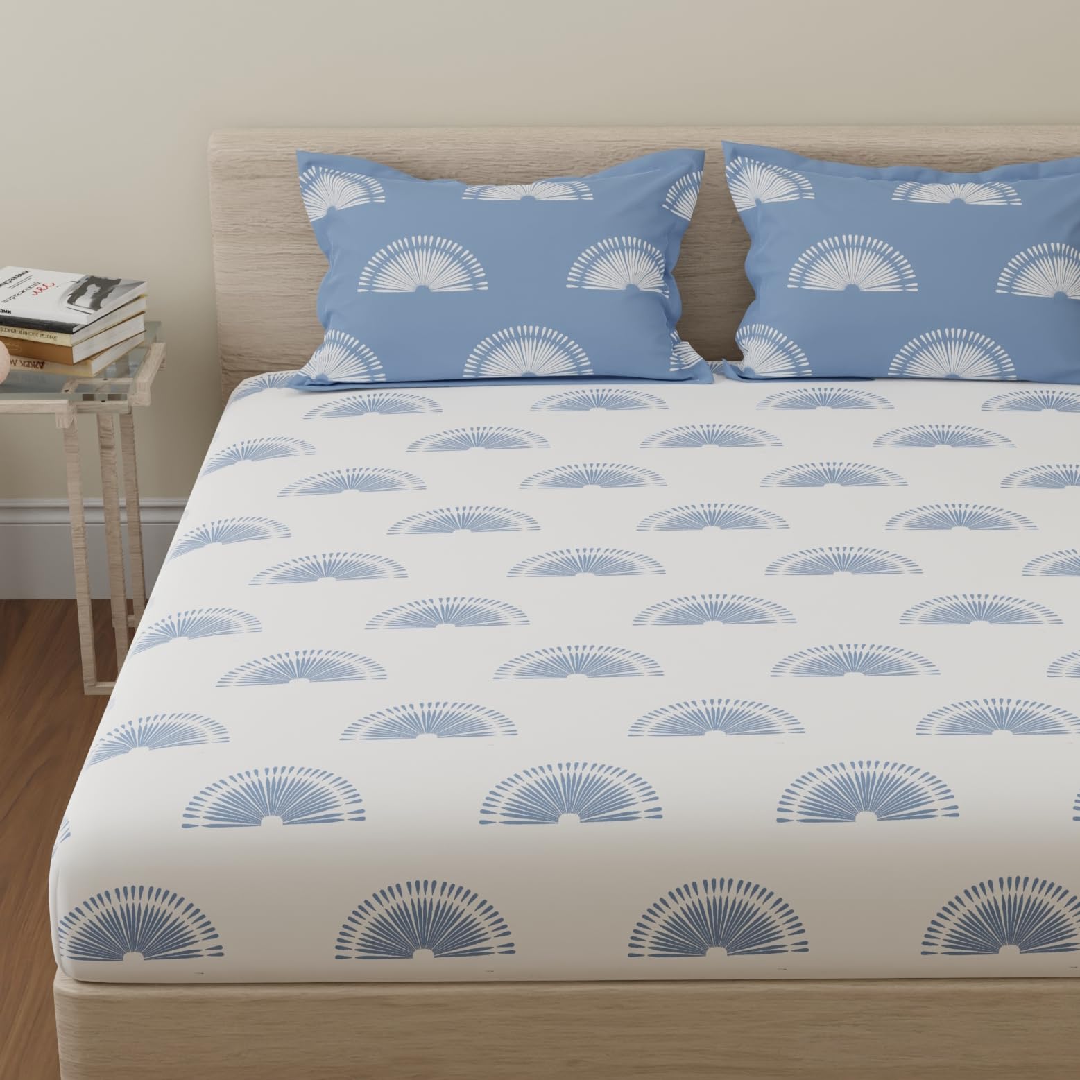 Huesland by Ahmedabad Cotton 144 TC Cotton Bedsheets for Queen Size Bed with 2 Pillow Covers | Sunrise | White & Powder Blue-image-46