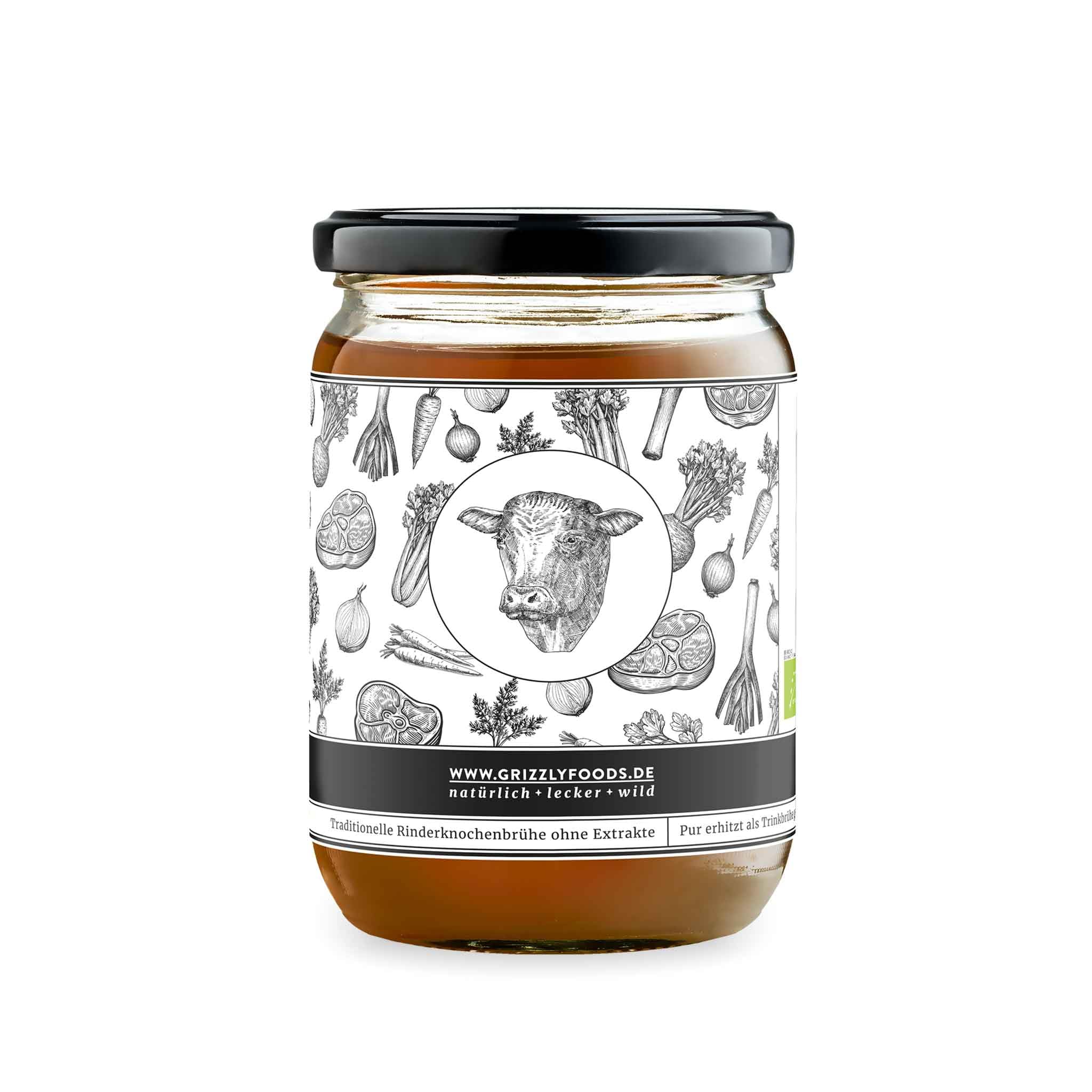 Grizzly Foods Brodo di ossa di manzo biologico (6 x 500 ml) - 25 g di collagene per bicchiere - Cotto per 72 ore - 100% naturale - Senza zucchero, senza additivi - Nutrienti preziosi - Bone Broth