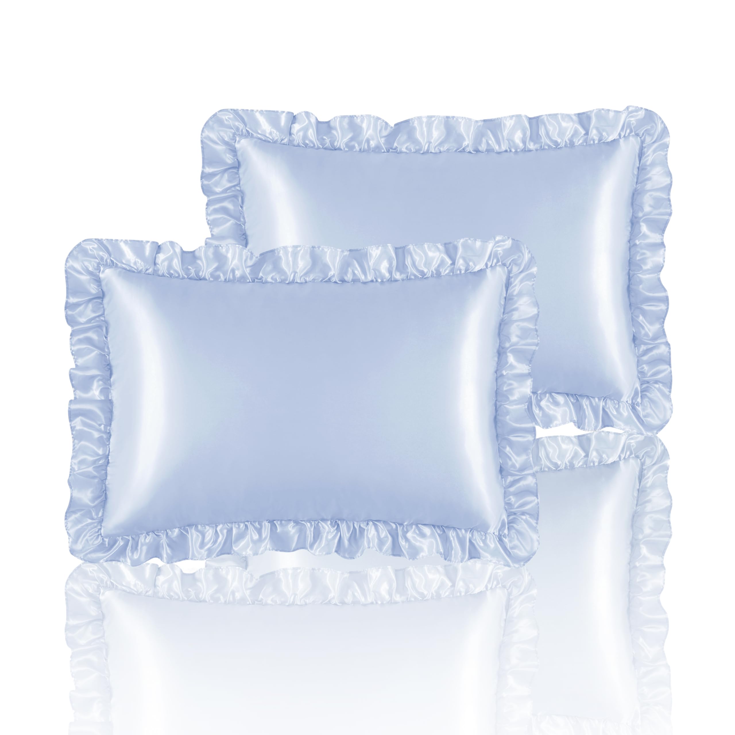 HommxJF Light Blue Satin Ruffled Pillow Cases for Hair and Skin,Light Blue Silk Pillowcases Standard Set of 2 with Envelope Closure Princess Room Decoration