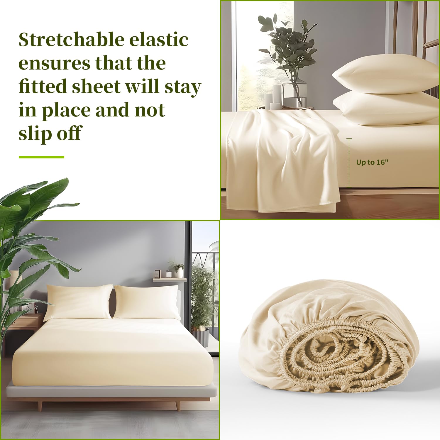 Shilucheng 100% Viscose Derived from Bamboo_ Sheets King Size 4pcs - Ultra Cooling & Silky Soft Bed Sheets, 16" Deep Pocket, Perfect for Hot Sleepers, Hotel Bedding Sheets (French Blue): 04 - Beige Full