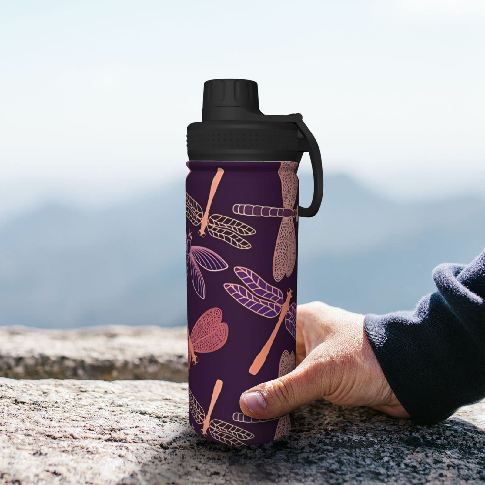 Sport-Trinkflasche mit Libelle, 510 ml, isolierte Edelstahl, auslaufsicher, für Reisen, Fitnessstudio, Büro
