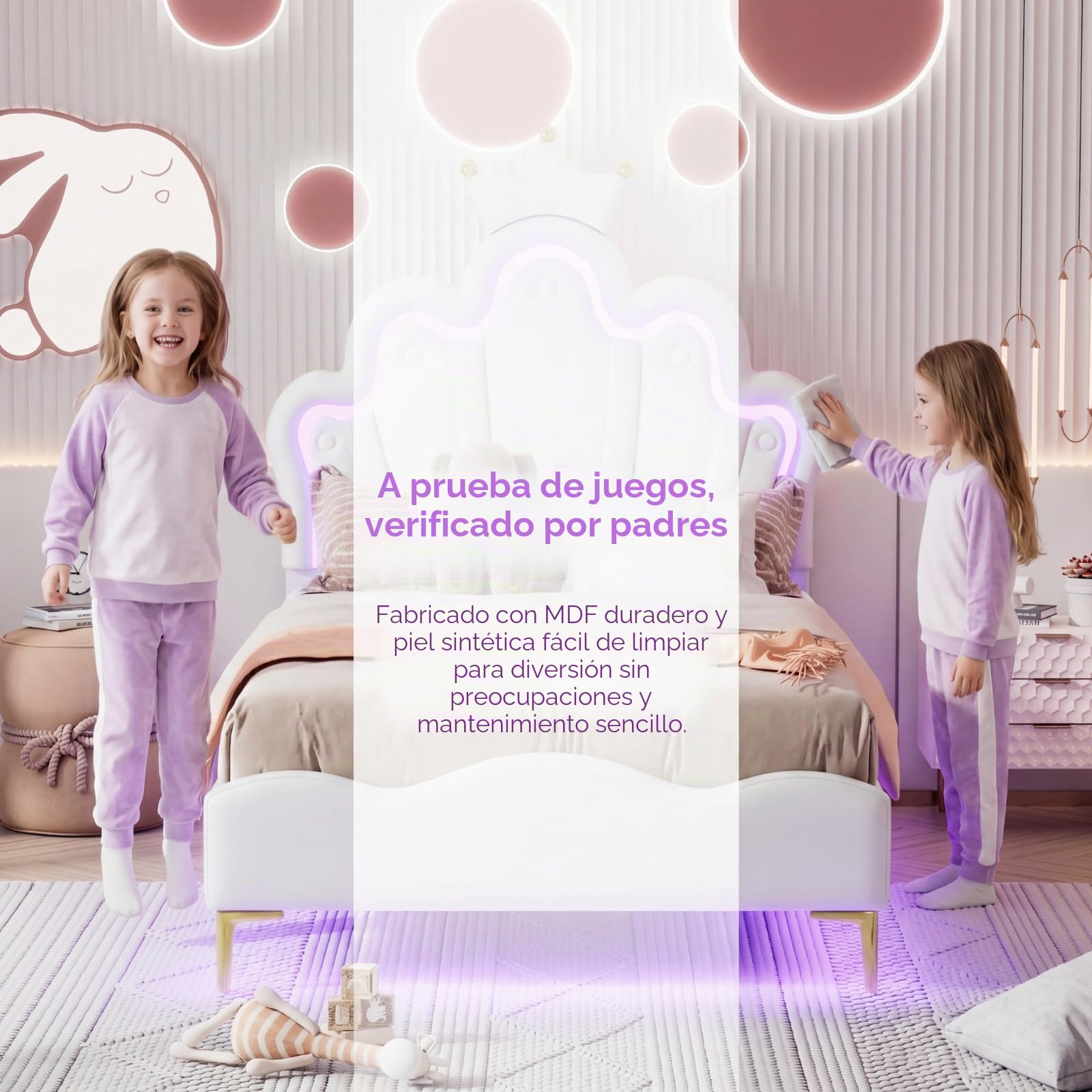 Cama infantil tapizada de 90 x 190 cm con iluminación LED, cama individual con cabecero ajustable en forma de nube con corona, marco de cama para niña con somier, sin colchón, poliuretano