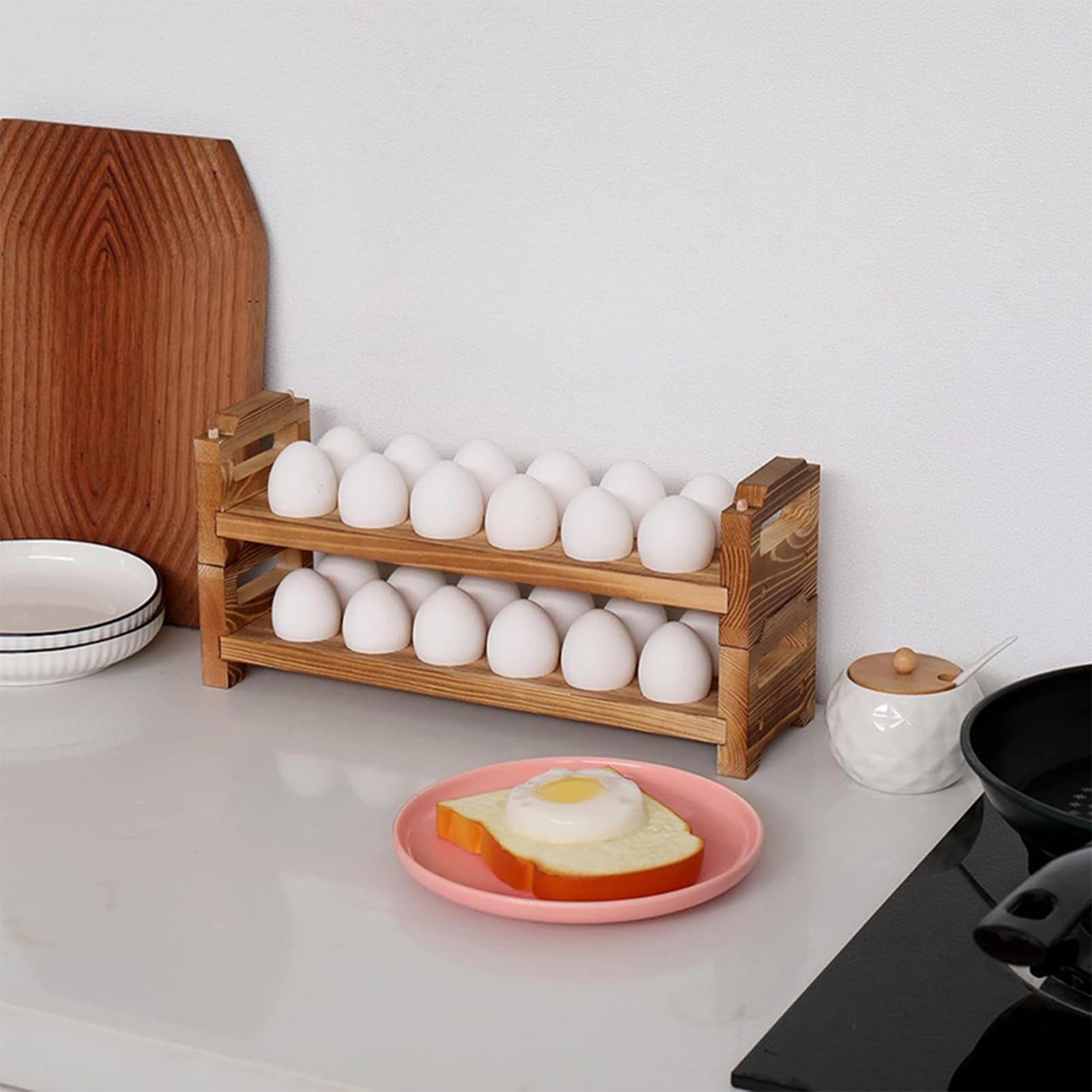 CVHOMEDECO. Houten eierhouder voor het werkblad, eierverzamelrek voor het verzamelen van verse eieren, stapelbaar met 24 eieren, thuiskeukenorganizer, set van 2 stuks