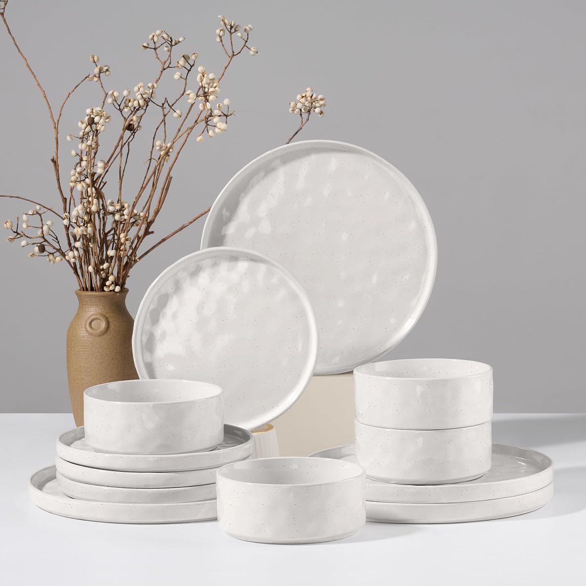HaWare Dinnerware Sets, 12-Piece Plates and Bowls Set, Speckled White | Stoneware Dish Set for 4, Ceramic Dinnerware for Home Restaurant, Chip and Scratch Resistant, Microwave and Dishwasher Safe
