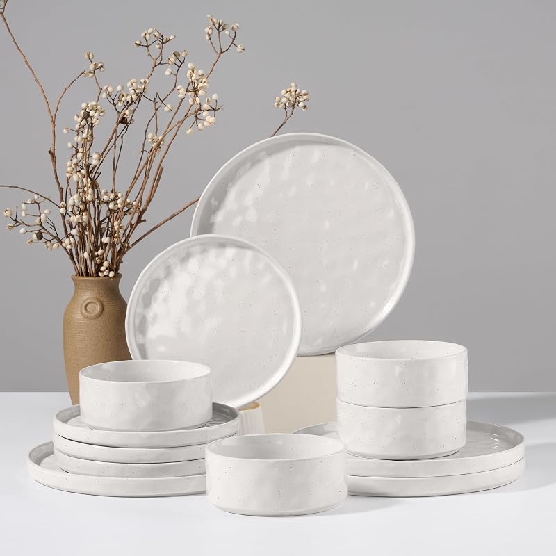 HaWare Dinnerware Sets, 12-Piece Plates and Bowls Set, Speckled White | Stoneware Dish Set for 4, Ceramic Dinnerware for Home Restaurant, Chip and Scratch Resistant, Microwave and Dishwasher Safe