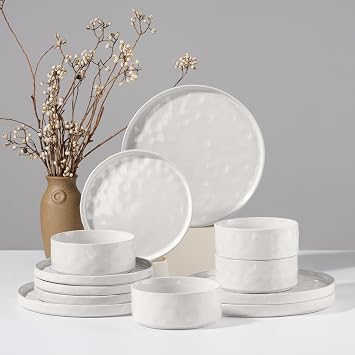 HaWare Dinnerware Sets, 12-Piece Plates and Bowls Set, Speckled White