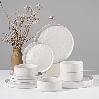 HaWare Dinnerware Sets, 12-Piece Plates and Bowls Set, Stoneware Dish Set for 4, Ceramic Dinnerware for Home Restaurant, Chip and Scratch Resistant, Microwave and Dishwasher Safe, Speckled White
