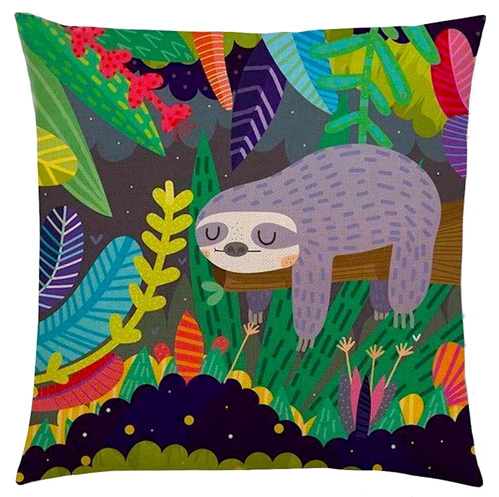 The Beach StopJungle Rainforest Sloth Bear Colourful Scatter Cushion Cover | Unique Design | Boys & Girls Bedroom Decor | Gift Idea for Animal Lovers | 45x45cm 18x18” | Jungle Sloth