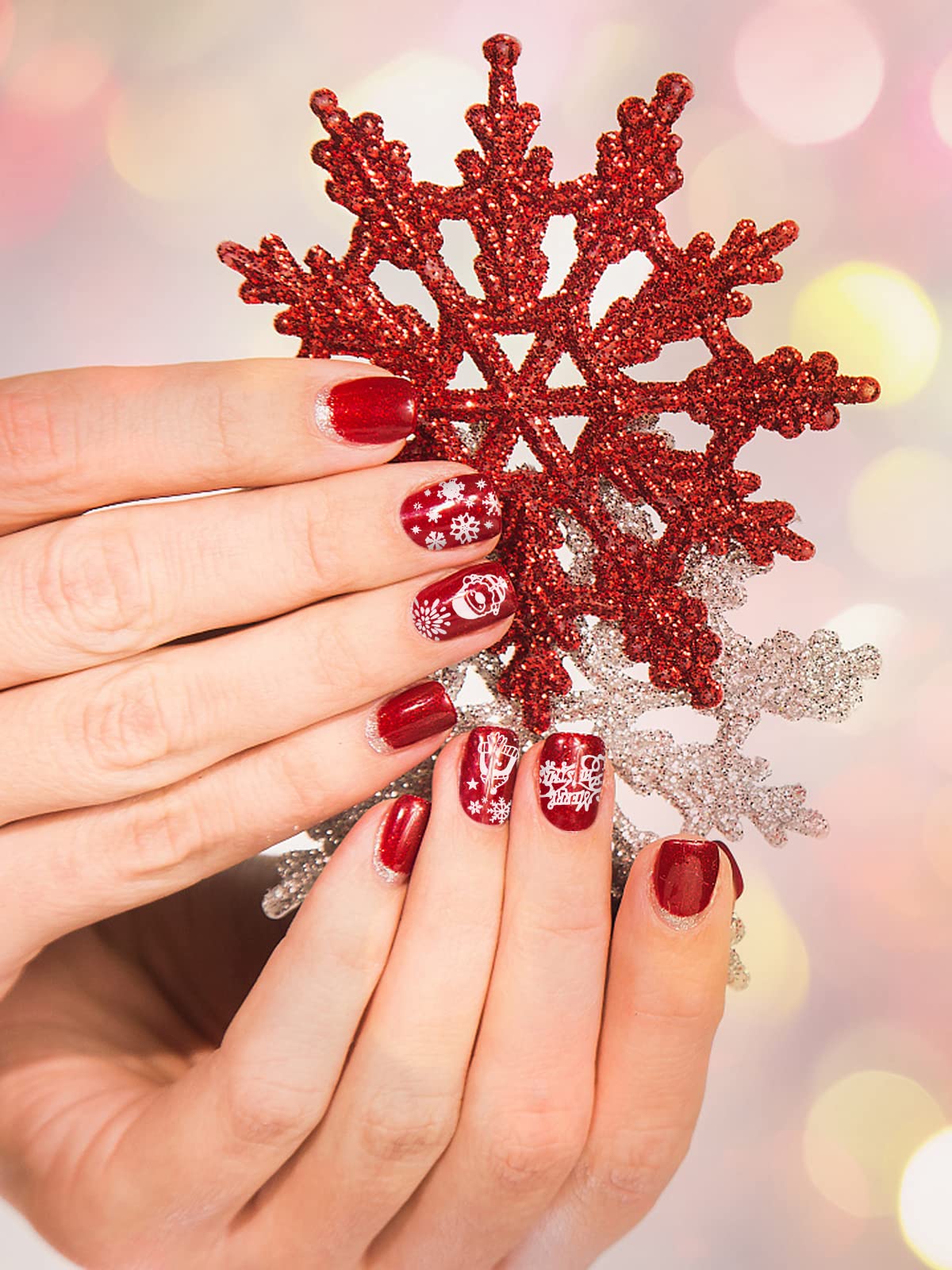 EBANKU 6 pezzi Set di Nail Art Stamping Stampini, Piatti per Timbri per Unghie Renna Fiocco di Neve Albero di Natale Disegni Manicure con 1 Timbro + 1 Raschietto + 1Borsa Portaoggetti