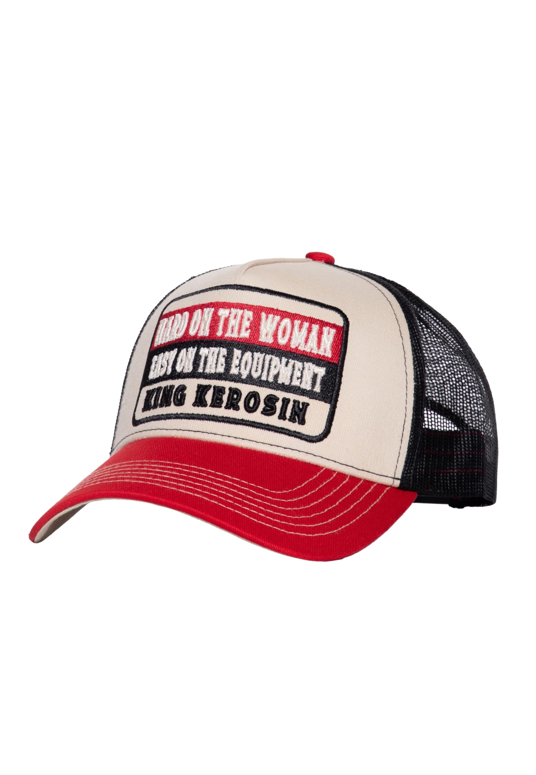 King Kerosin Męska czapka z daszkiem Trucker Mesh z naszywką · Retro czapka Snapback z wkładką z siatki, zakrzywionym daszkiem i regulowanym zapięciem · oddychająca i stylowa czapka Hard On The Woman