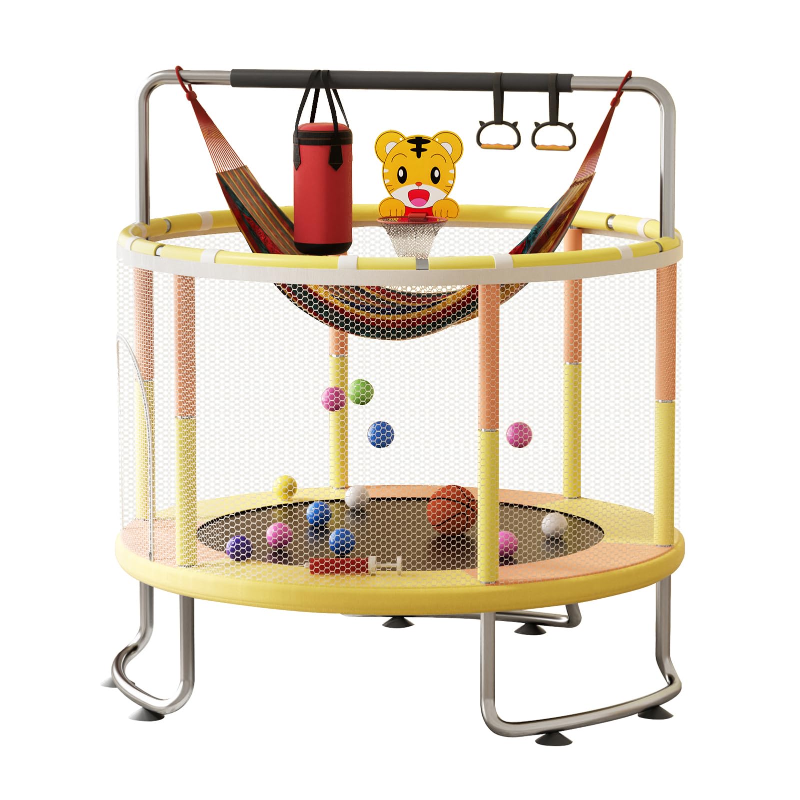 Trampoline for Kids, Adjustable Baby Toddler Trampoline with Basketball Hoop, 200Kg Indoor Outdoor Toddler Trampolines with Enclosure (Yellow)