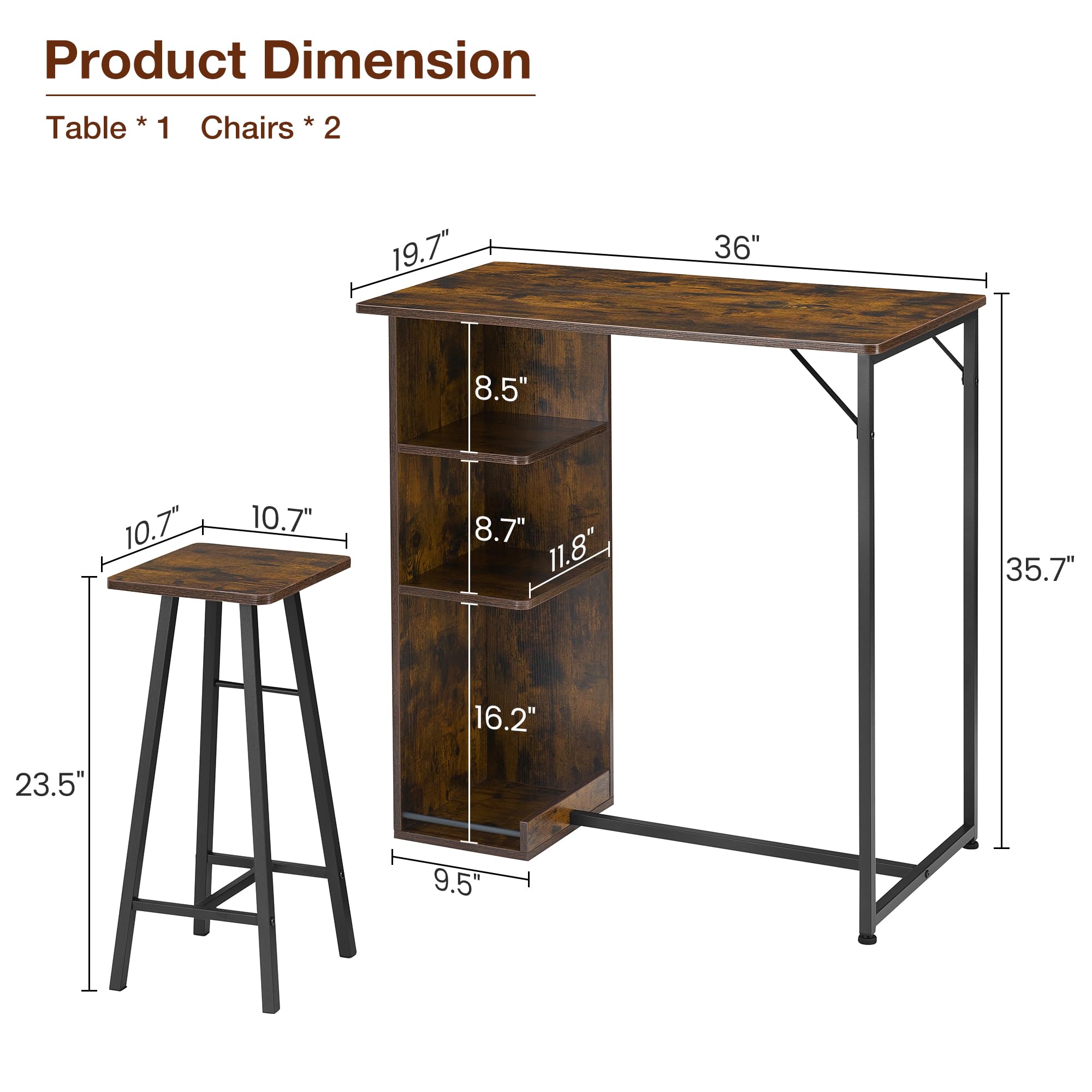Juego de mesa de bar de 3 piezas, mesa de bar con taburete, juego de comedor de cocina con 2 sillas y 3 estantes, para vivienda, cocina, salón, comedor (retro