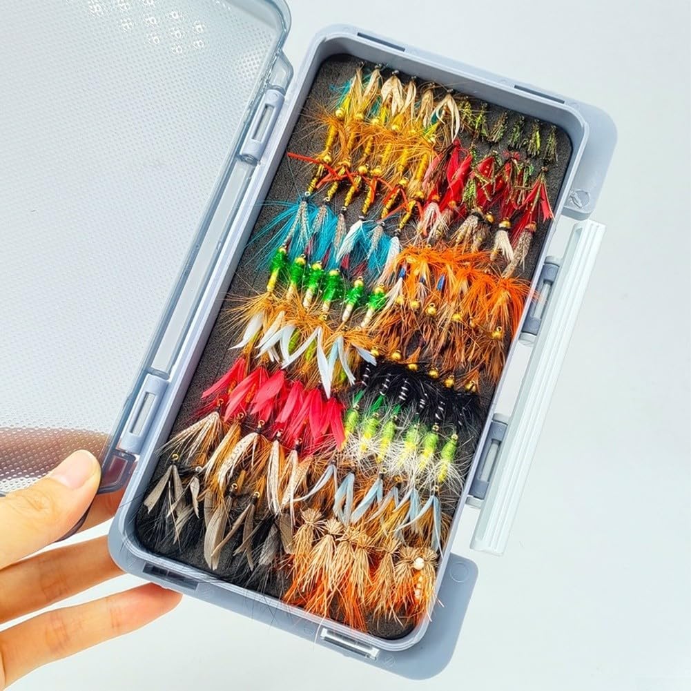 Kit Mosche Pesca 120pz Dry Wet Nymph per Trota(120) | 120 misti, dry wet nymph, scatola magnetica, uncini affilati, trota bass fiume
