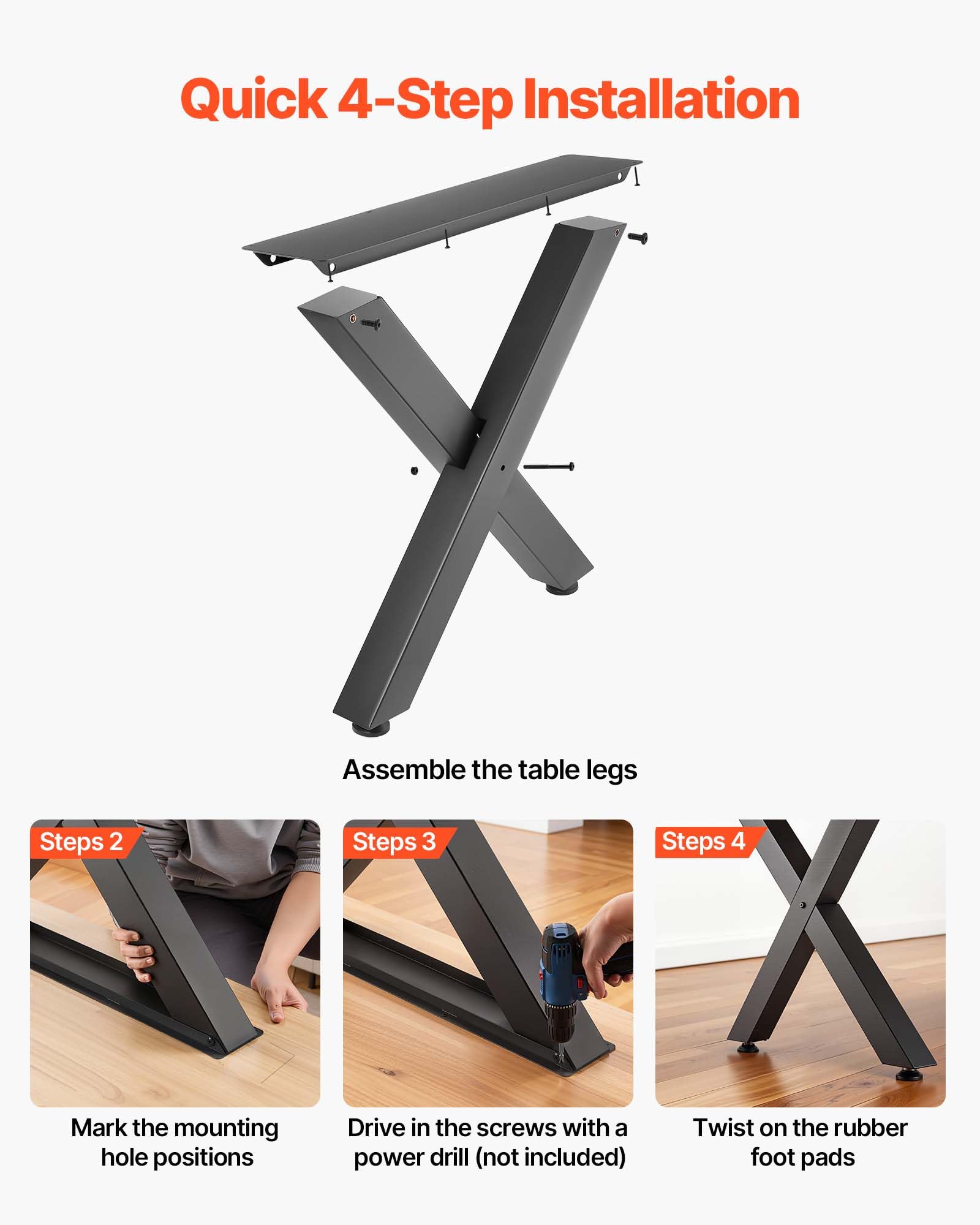 VEVOR Gambe per Tavolo in Acciaio, Gambe per Scrivania Smontabili, Design Modulare, Struttura a X, Facile da Montare, Carico Max. 1000 kg, per Tavoli da Caffè e da Lavoro, 75 x 79 cm, 2 Pezzi, Nero